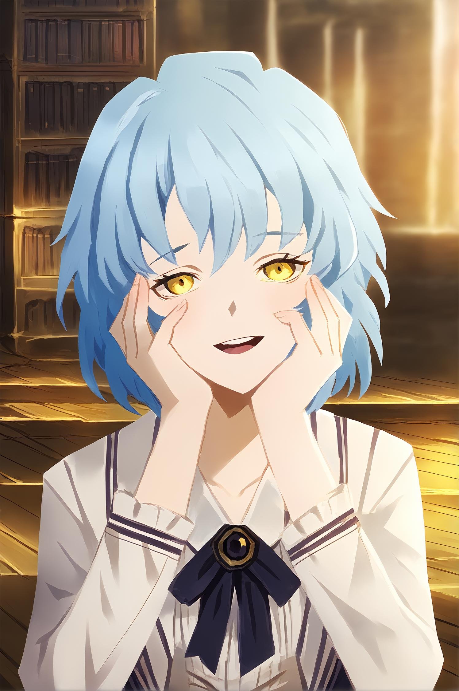 score_9,<lora:yandere_trance_v1_pruned:1>, yandere trance, <lora:library_of_ruina_v1_pruned:1>, 1girl, light blue hair, medium hair, yellow eyes, solo, indoors, bookshelf,high resolution, Masterpiece, detailed