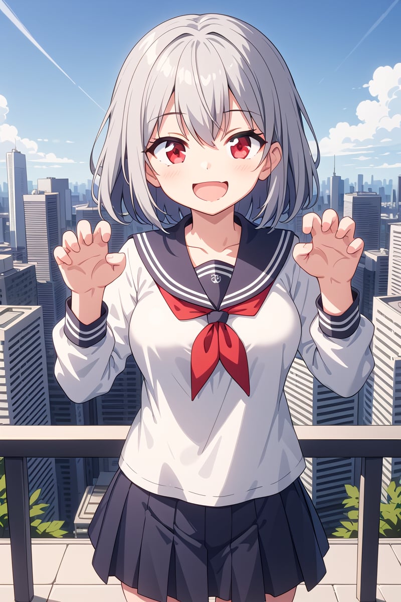 newest, masterpiece, best quality, very aesthetic,BREAKscore_9, score_8_up, score_7_up, score_6_up, score_5_up, score_4_up, source_animeBREAK1girl, solo, nice hands, perfect hands,serafuku, summer school uniform,happy smile, laugh, closed mouth,standing, paw pose, cowboy shot, looking at viewer,slender, kawaii, perfect symmetrical face, ultra cute girl, ultra cute face, ultra detailed eyes, ultra detailed hair, ultra cute, ultra beautiful,bay, sea, harbor, bay side, cityscape in tokyo, buildings, day, blue sky, panorama view, outdoor,depth of field, ultra detailed background, very wide, panorama view, sense of depth, magnificent view,medium large breasts, (silver hair, red eyes:1.2), flipped hair, hair between eyes