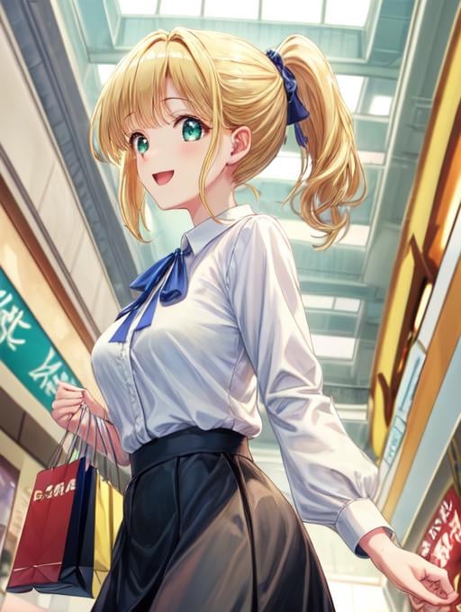 best quality, masterpiece, highres, detailed, perfect anatomy,  <lora:Detail - add_detail:0.2>, <lora:TeresaW:0.8>, TeresaW, ponytail, happy, blonde hair, white blouse, black skirt, blue ribbon, green eyes, shopping mall, excited, proud, holding japanese fan, slightly from below, 