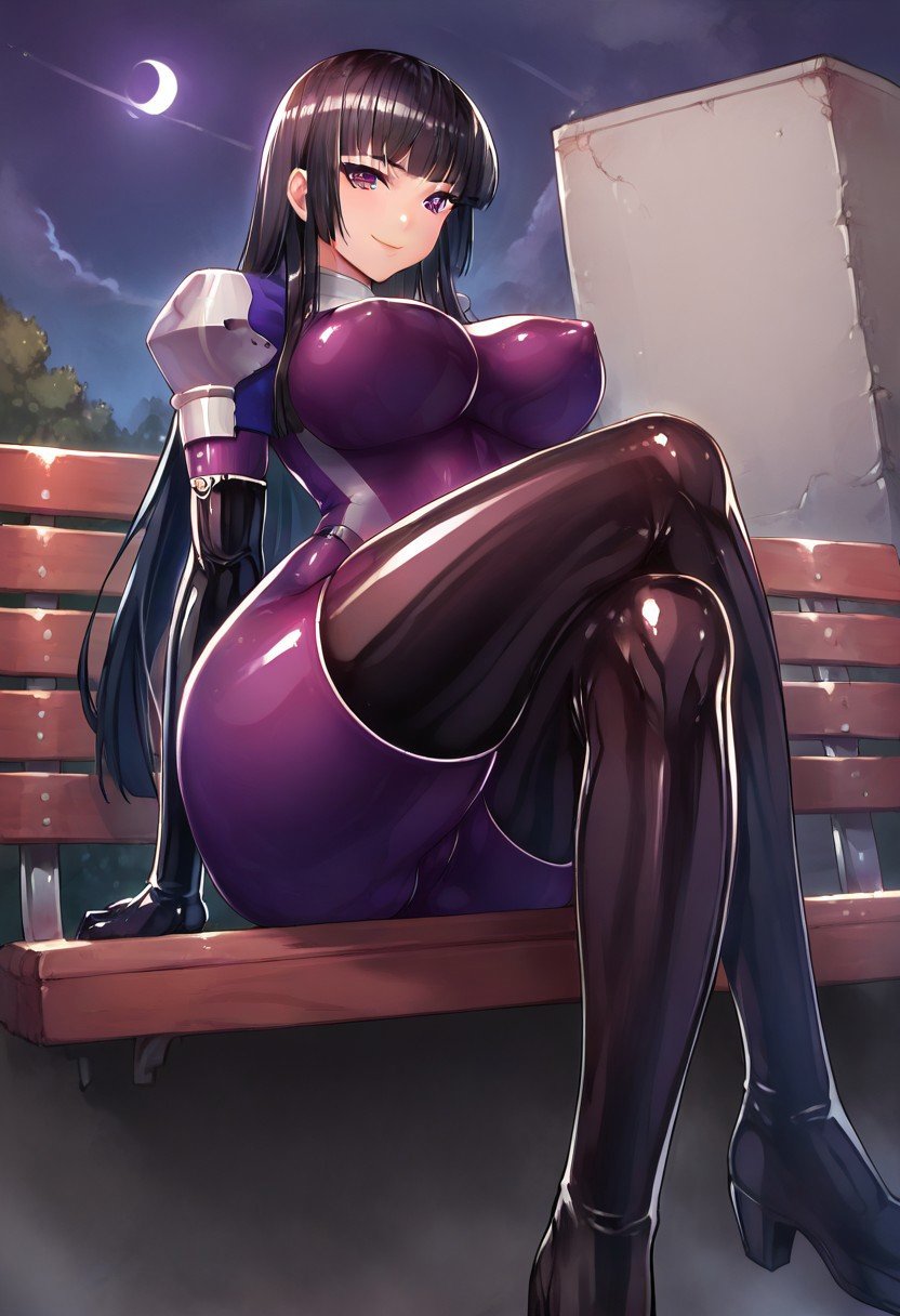 score_9, score_8, score_7_up, best quality, source_anime, 1girl, solo, black hair, long hair, nun, purple eyes, detailed eyes, impossible bodysuit, purple bodysuit, latex, skin tight, impossible clothes, black thighhighs, elbow gloves, black gloves, breasts, large breasts, onkmsk,outside, night, nightsky, sitting, bench, smile, looking at viewer, crossed legs, from below, 