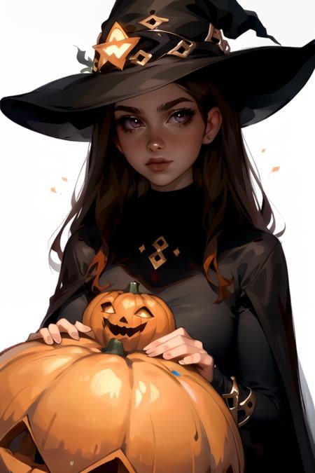 (masterpiece, best quality, sfw, by Sasha Khmel), 1girl, detailed eyes, long dark brown hairs, witch outfit, pumkins, <lora:Sasha_Khmel_style_v1:0.9>