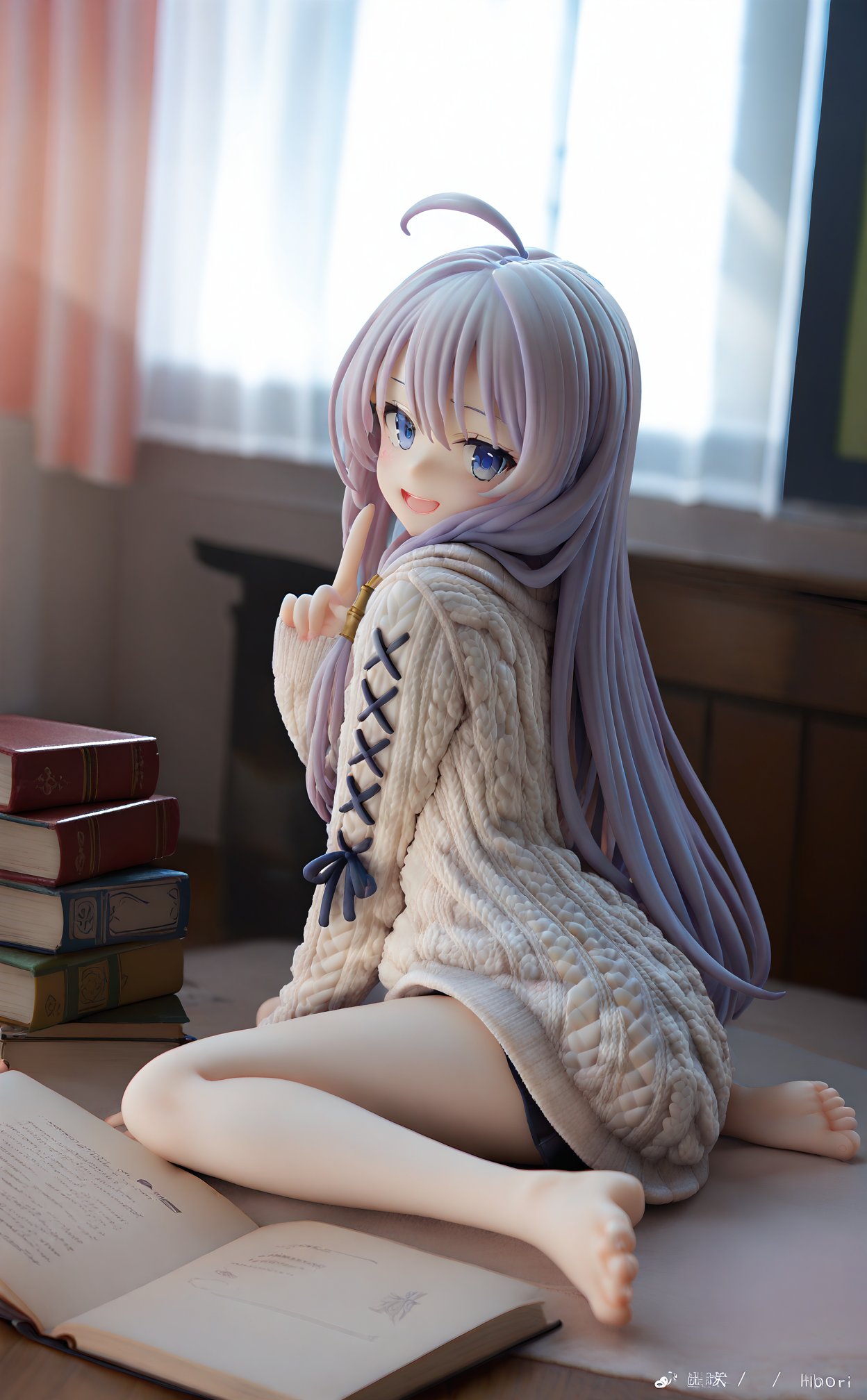 masterpiece,best quality,illustration,ultra detailed,hdr,Depth of field,(colorful),PVC Style,1girl,long hair,elaina (majo no tabitabi),solo,barefoot,ahoge,sweater,sitting,looking at viewer,smile,indoors,wariza,blue eyes,blurry,open mouth,book,grey hair,blurry background,bare legs,long sleeves,reflection,feet,hair between eyes,window,grey sweater,index finger raised,cable knit,aran sweater,:d,toes,legs,artist name,full body,very long hair,soles,