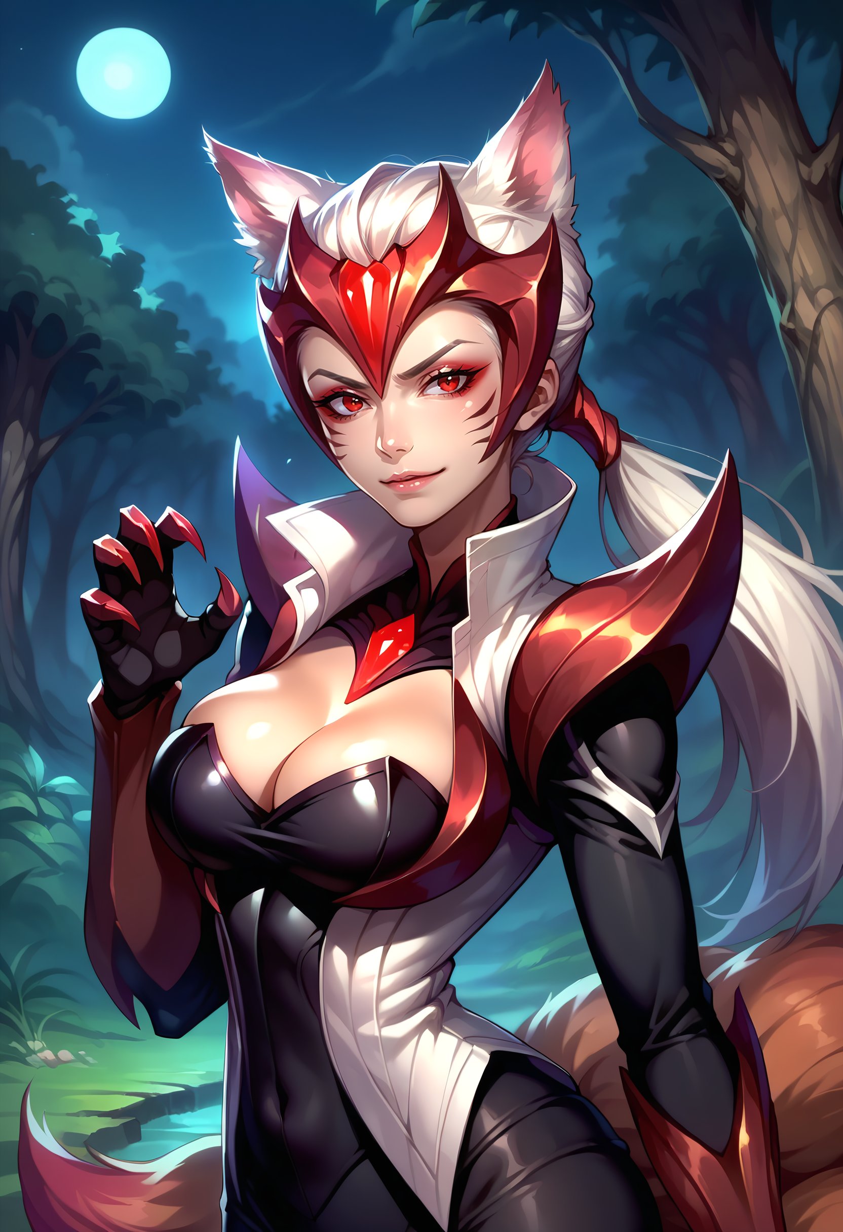 score_9, score_8_up, score_7_up, source_anime BREAK 1girl, solo, looking at viewer, close-up, upper body,<lora:Ahri_Challenger_pdxl_Incrs_v1:1>, Ahrichallenger, animal ears, facial mark, fox tail, multiple tails, long hair, white hair, red eyes, large breasts, Makeup, gem, forehead protector, pauldrons, vambraces, black bodysuit, white Shirt, cleavage, claws, gloves, low ponytail,medium breasts,  breasts, skindentation, evil smirk, claw pose, abstract background, outdoors, forest, night, moonlight, 