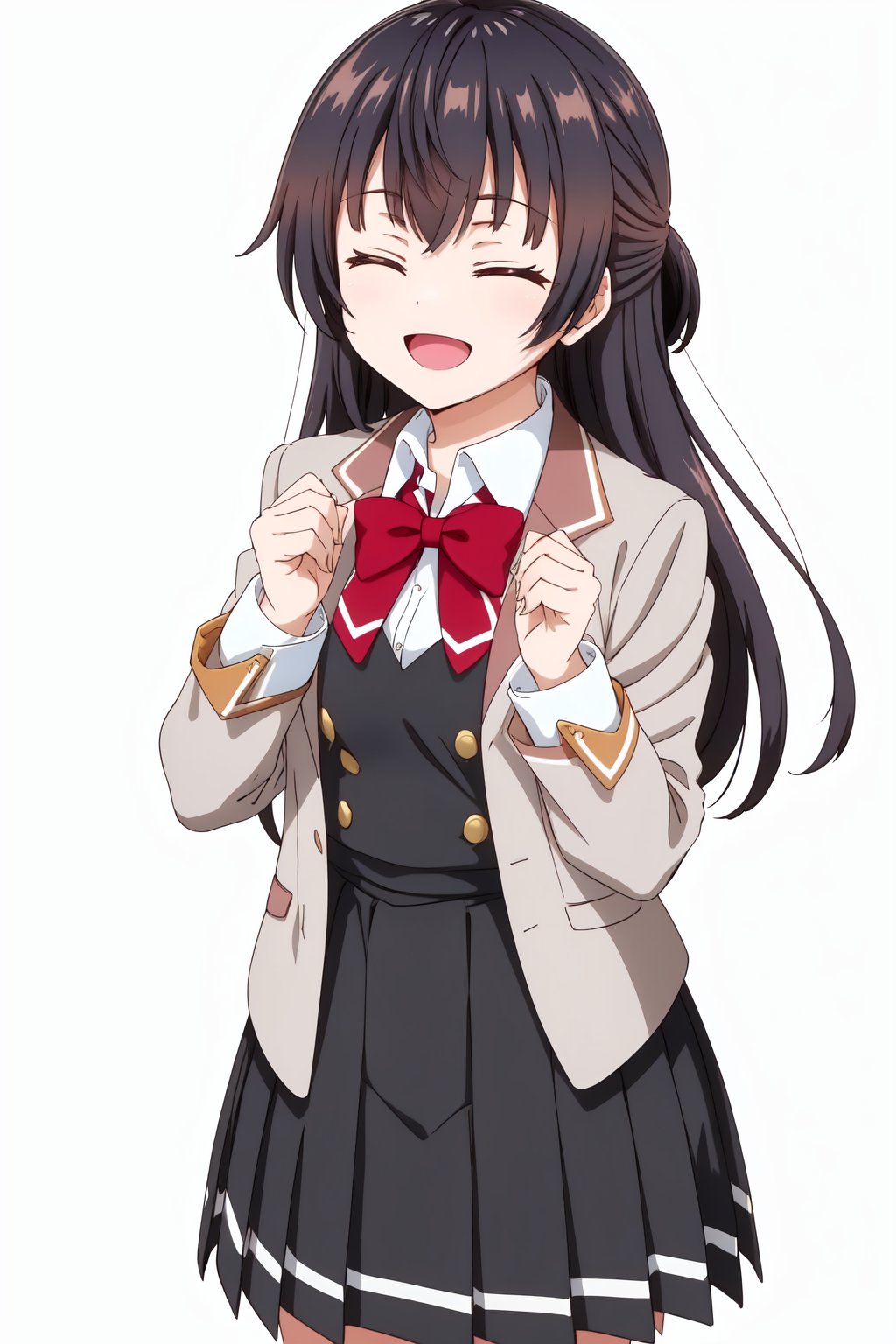 YukiSuou, 4k, absurd, high resolution, very high resolution, high definition, masterpiece, 1girl, solo, long hair, smile, open mouth, skirt, simple background, shirt, black hair, long sleeves, white background, dress, bow, school uniform, standing, jacket, closed eyes, white shirt, :d, cowboy shot, pleated skirt, open clothes, collared shirt, bowtie, red bow, open jacket, hands up, ^_^, blazer, red bowtie, facing viewer, clenched hands, grey jacket, pleated dress<lora:EMS-435737-EMS:0.800000>