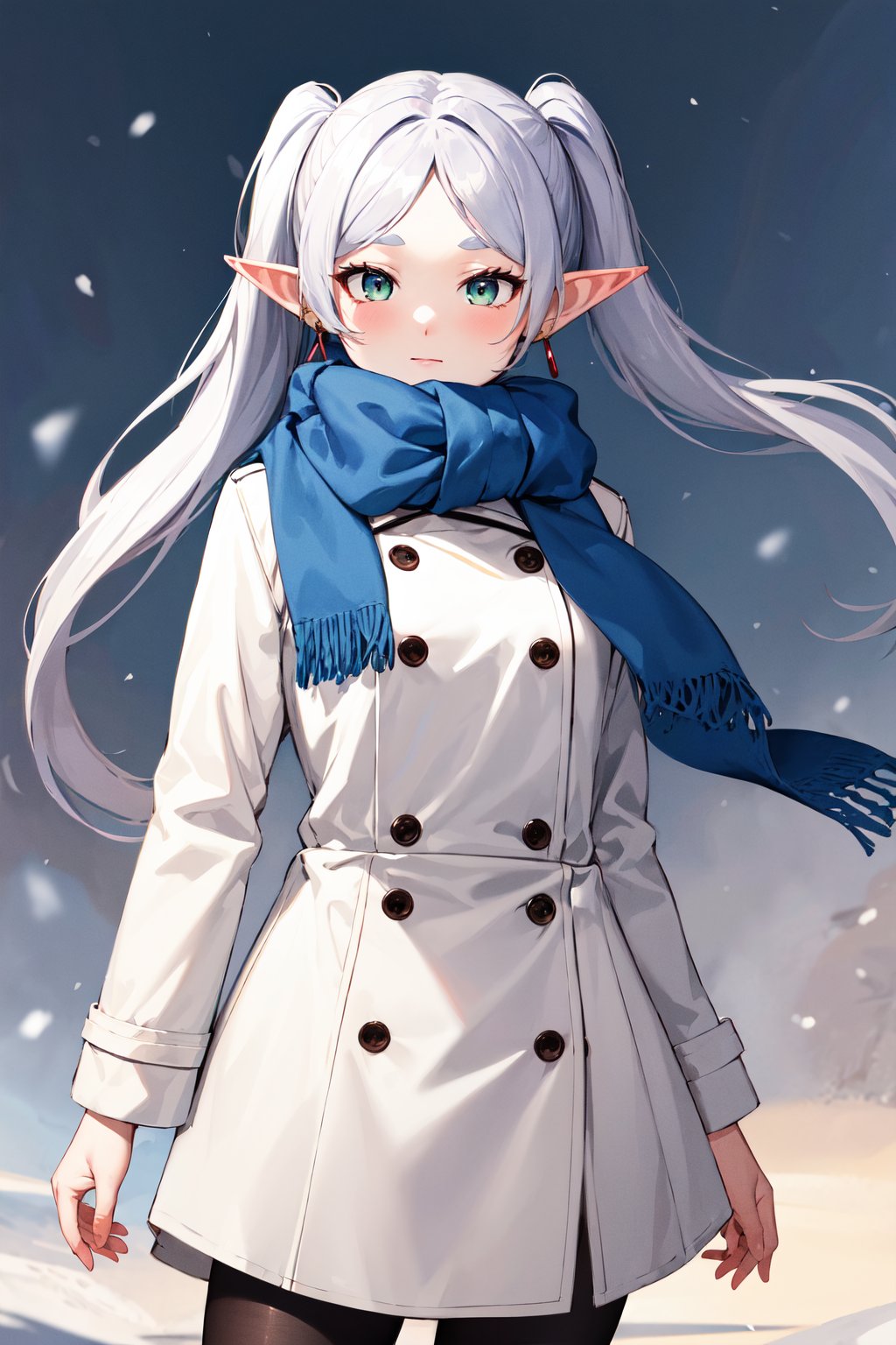 masterpiece, best quality, highres, aafrie, long hair, white hair, twintails, pointy ears, earrings, thick eyebrows, blue scarf, white coat, double-breasted, buttons, black pantyhose, <lora:frieren_v1:0.7>, standing, cowboy shot, winter
