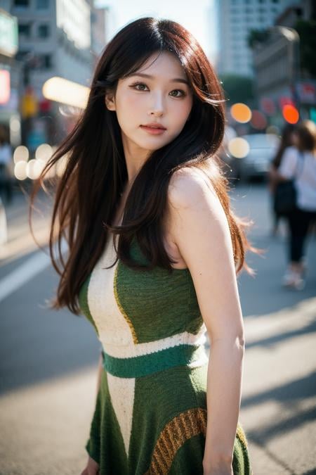 Best quality, masterpiece, ultra high res, (photorealistic), raw photo,1girl, skinny, upper body,solo, realistic, looking at viewer, long hair, bokeh background, city streets,brown eyes, bohemian dress,  <lora:makina69_hyoon_v1.0:1>