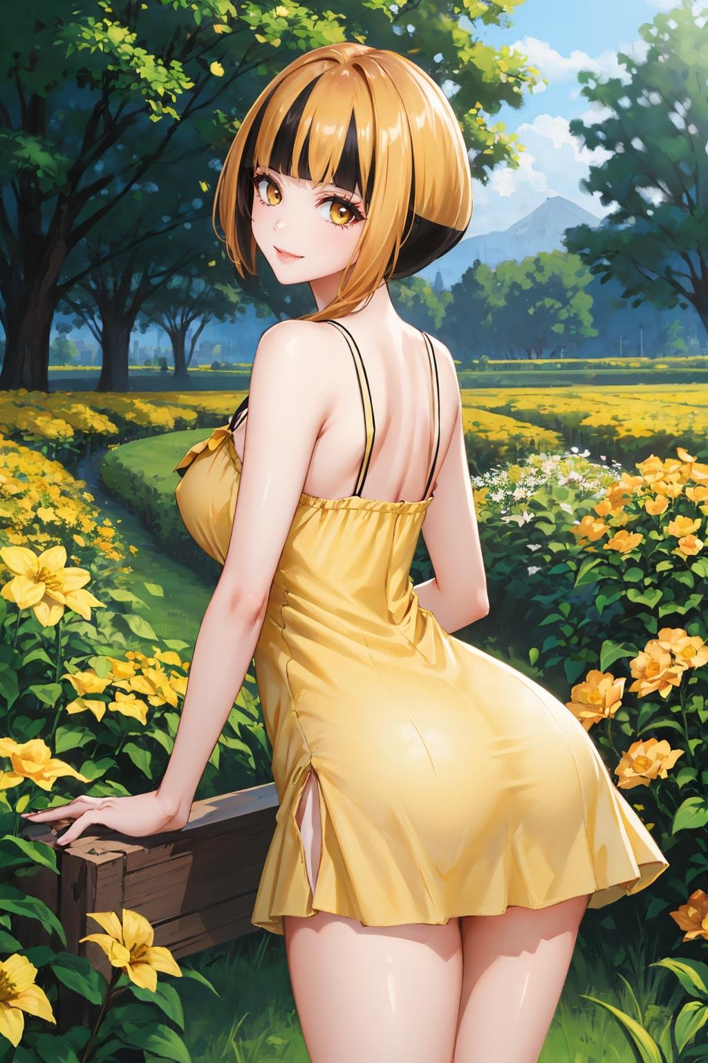 masterpiece, best quality,  <lora:gardenia-nvwls-v1-000008:1> natane, multicolored hair, (yellow sundress:1.3), garden, yellow flowers, looking at viewer, large breasts, from behind, smile