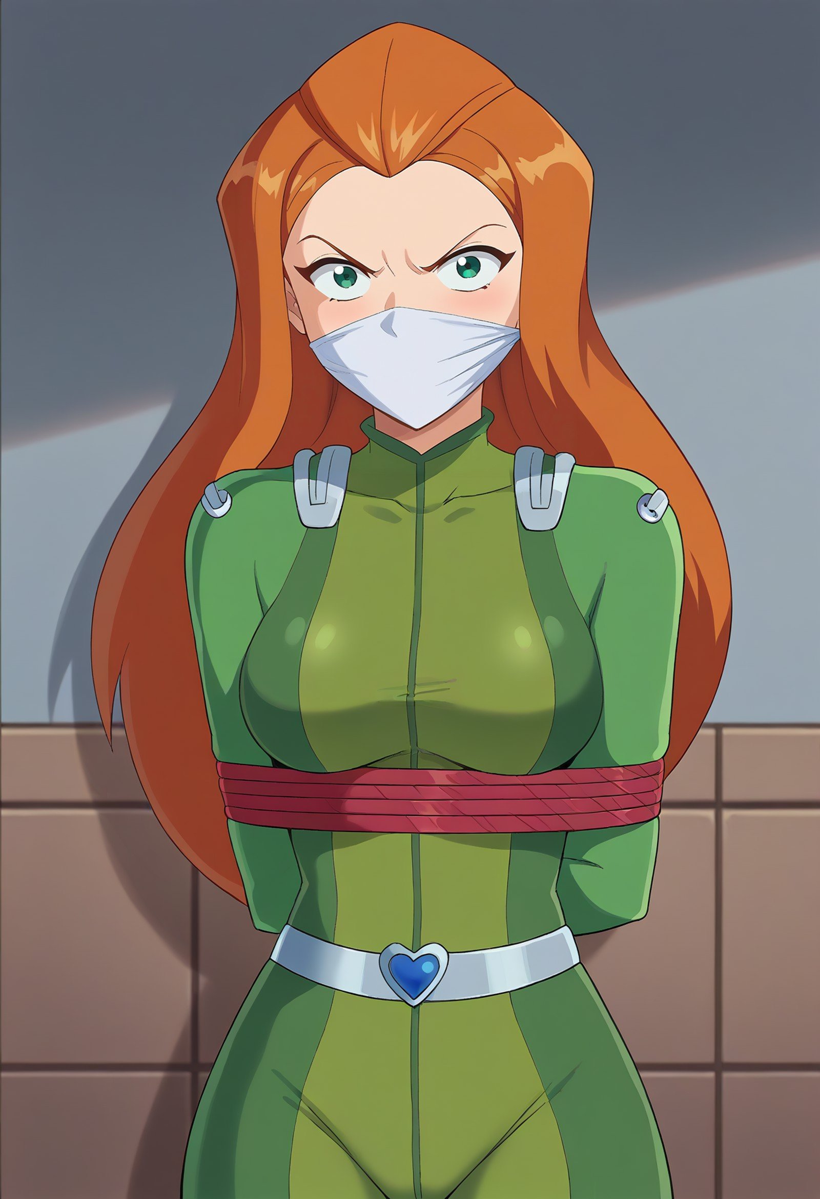 score_9, score_8_up, score_7_up, BREAK source_anime, 1girl, sam \(totally spies\), long hair, green bodysuit, belt, otn gag, angry, looking at viewer, arms behind back, tied up \(nonsexual\), bound, indoors  <lora:brj-otn-pony-v0.5:1> <lora:brj-sam-ponyXL-v0.5:1>