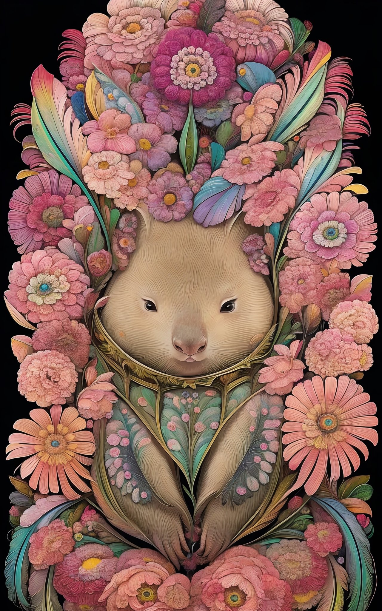 (masterpiece, top quality, best quality, official art, beautiful and aesthetic:1.2),(Wombat:1.3),extremely detailed,(fractal art:1.1),(colorful:1.1) (flowers:1.3),highest detailed,(zentangle:1.2),(Hands on face),(abstract background:1.3),(shiny skin),(many colors:1.4),(Tail),(feathers:1.5),