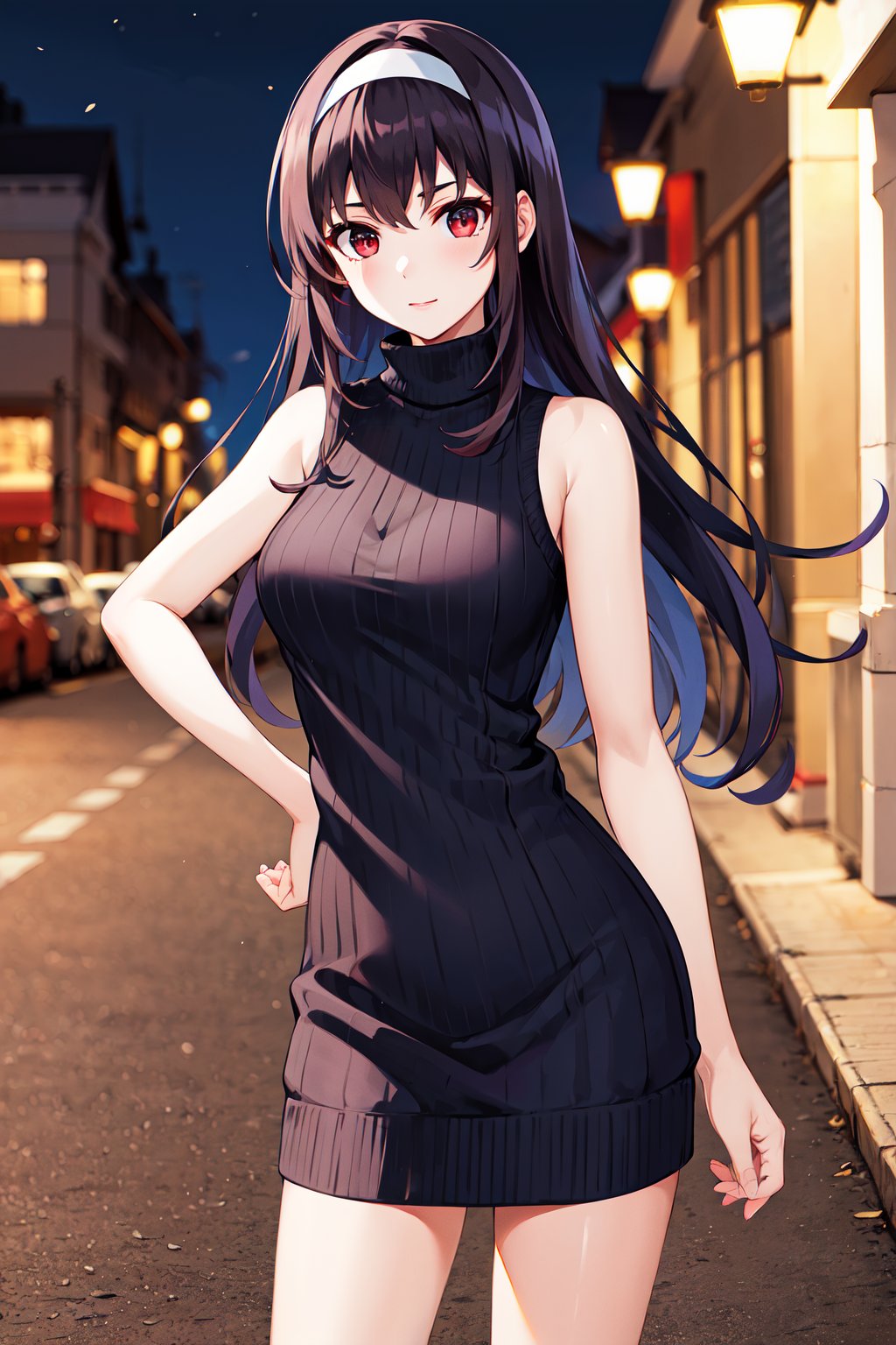 masterpiece, best quality, highres, aautaha, long hair, black hair, hairband, <lora:kasumigaoka_utaha_v2-1:0.7>, sweater dress, turtleneck, sleeveless, standing, cowboy shot, night, street,