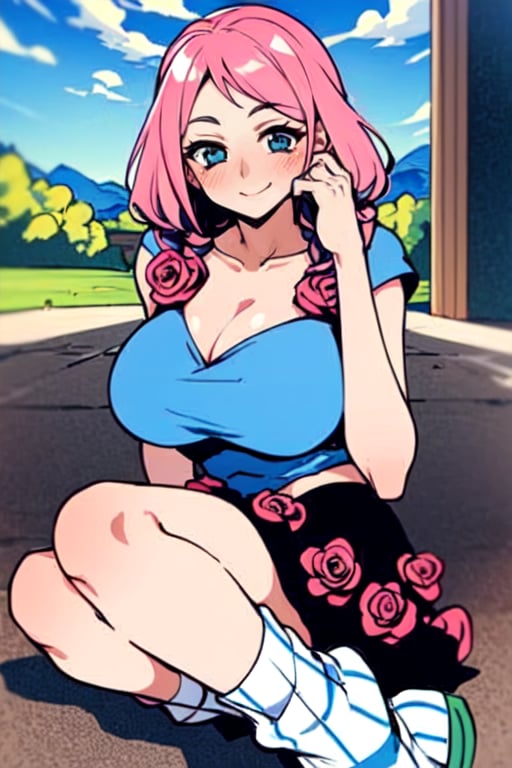 (Masterpiece), (best quality,  perfect face),  pink hair,  blue,  eyes,  big boobs,  big breasts,  beautiful,  bright Eyes,  blush,  long hair,  smiling,  blue blouse with a rose on each strap,  black skirt with red roses,  low and wide striped withe socks,  smile,  six pigtails,  sexy,  flowers, mountain,  park,  roses,  yasuho hirose, liar liar,<lora:EMS-259756-EMS:0.800000>,<lora:EMS-12655-EMS:0.800000>