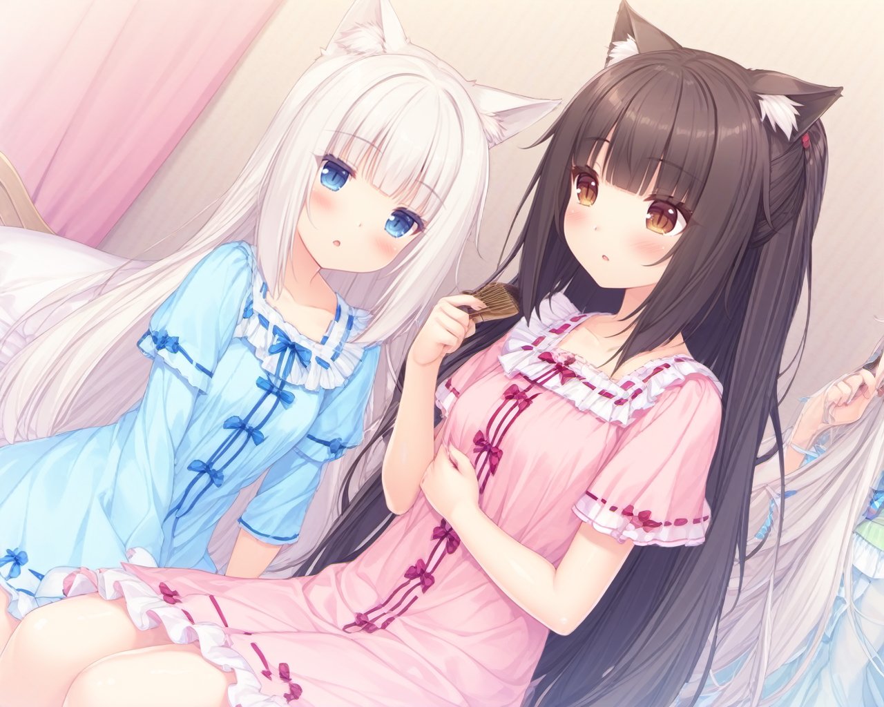 <lora:SDXL-Nekopara-Base-Lora-000002:0.75>,multiple_girls, nekopara, , animal_ears, 2girls, cat_ears, long_hair, blue_eyes, white_hair, sitting, very_long_hair, brown_eyes, blush, indoors, animal_ear_fluff, bangs, brushing_hair, brown_hair, blunt_bangs, sleepwear, cat_girl, hair_brush, hair_down, black_hair, bed, pillow, frills, dress, dutch_angle, pajamas, hairdressing, slit_pupils, ribbon_trim, short_sleeves, alternate_hairstyle