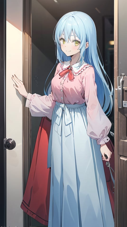 (masterpiece, best quality), ray tracing, absurdres,1girl, rimuru clothes, rimuru tempest,medium breasts,light blue hair, long hair, closed mouth, yellow eyes,solo, shirt, long sleeves, pleated dress, dress,  skirt, grey dress, two-tone dress, red shirt, letterboxed, buttons,,looking at viewer,blush,smile,  <lora:rimuru clothes_step20:0.7> 