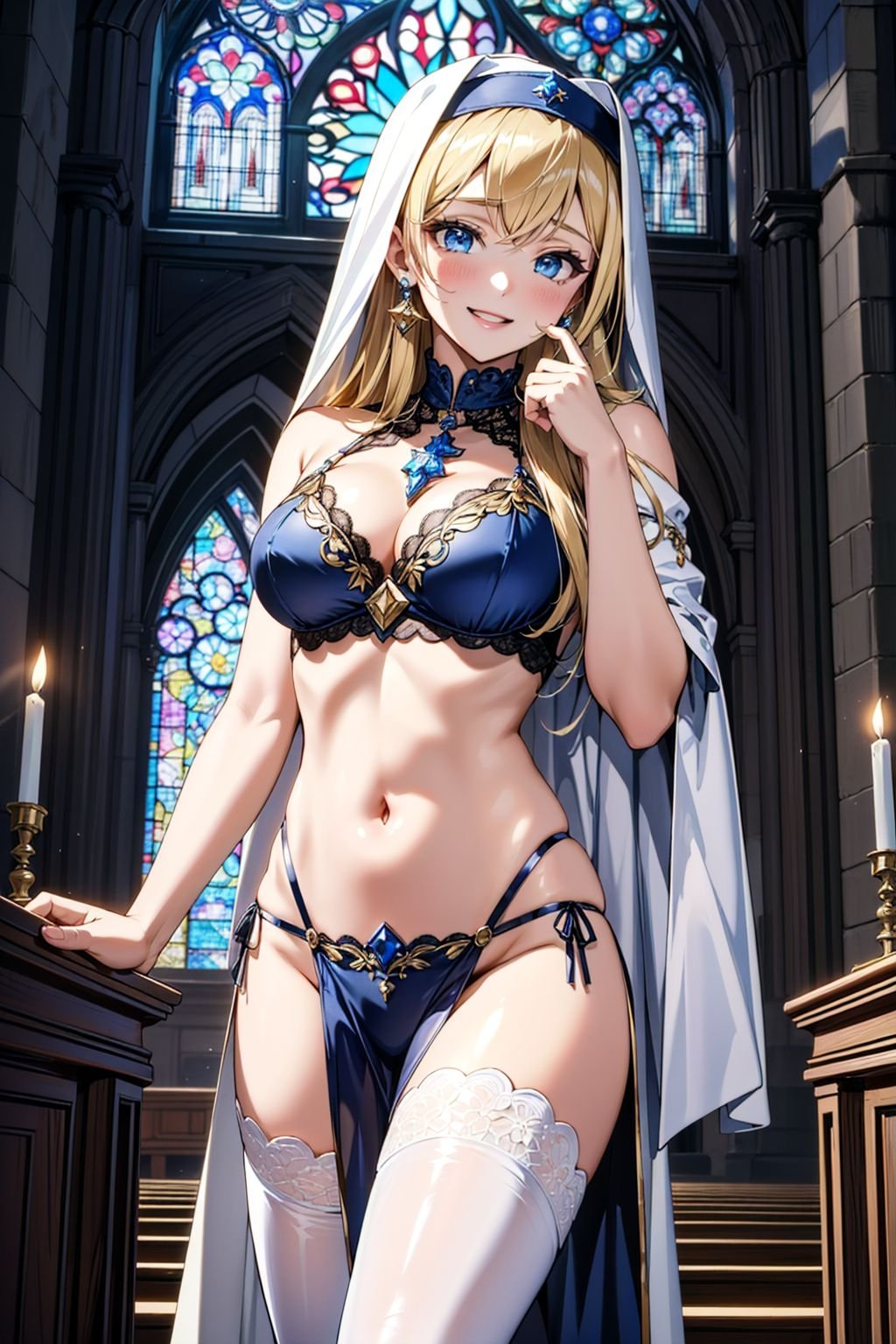 fantasy theme, 1girl, (soft skin:1.2), long blonde hair, blue eyes, (medium breasts:1.2), nun, lingerie, (pelvic curtain:1.2), (groin:1.2), (see-through:1.3), lace, stockings, smile, indoors, church, stained glass, altar, Masterpiece, best quality, detailed background, intricate details, detailed, <lora:detail_slider_v4:1.25> 