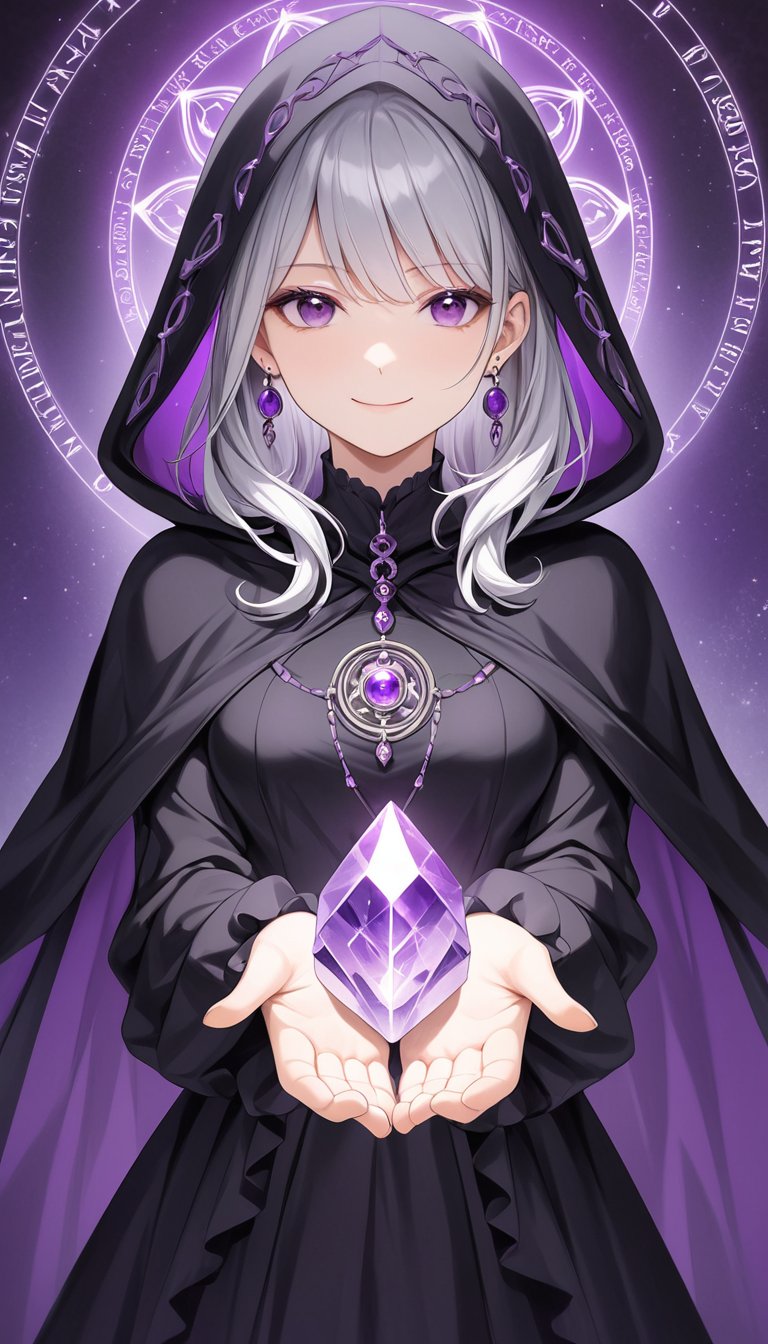 masterpiece, young 1girl, silver hair, deep purple eyes, A huge amethyst crystal is floating between her palms, from front, portrait, intricate gothic dress, wearing robe, cape hood, earrings, light smile, cowboy shot, dark fantasy magic circle,