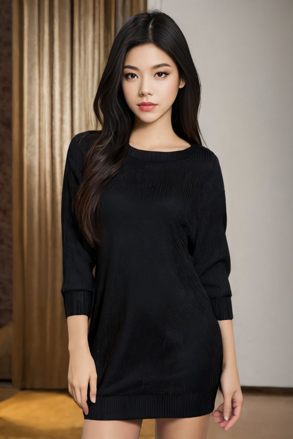 masterpiece, Best quality, masterpiece, ultra high res, (photorealistic:1.4), raw photo, 1girl, wearing black knit dress,