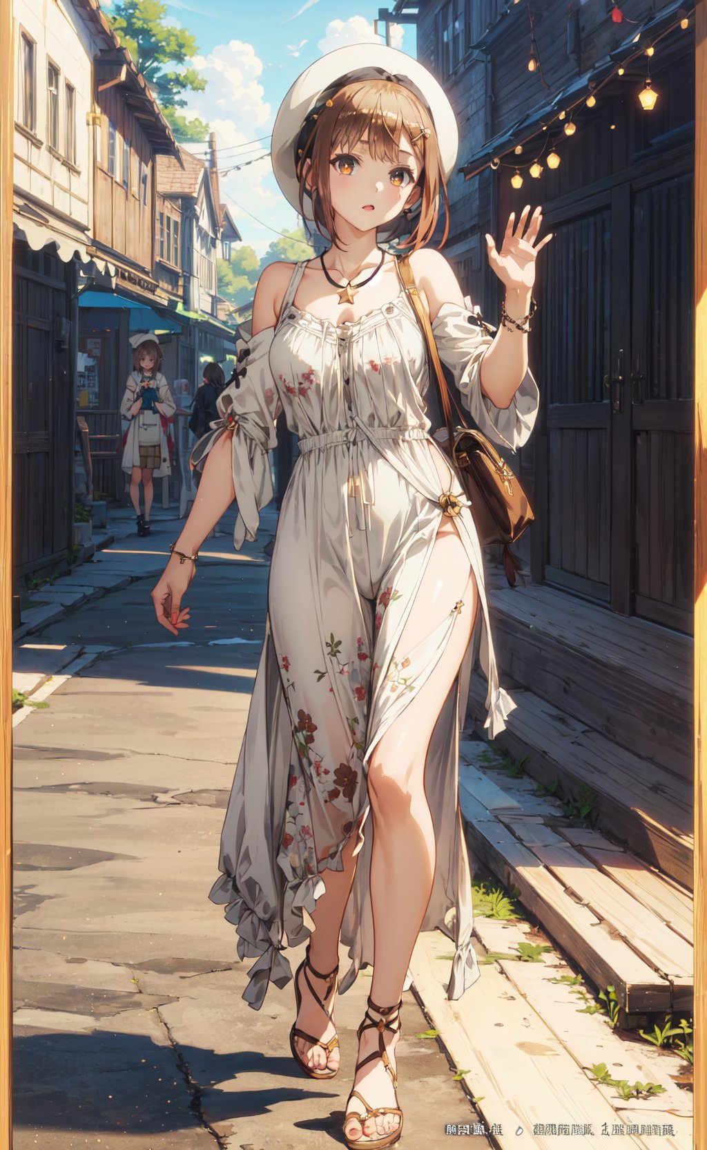 <lora:Ryza-000002:0.8>,Ryza CYQL,1girl,looking at viewer,solo,brown hair,short hair,hair ornament,hairclip,white headwear,hat,brown eyes,jewelry,necklace,star necklace,((Boho_floral_maxi_dress:1.5),(Barefoot_sandals:1.4),(Wooden_beaded_bracelets:1.3),(Boho_festival_background:1.4):1.3),(profile,foreshortening,head tilt:1.2),waving,Lakeside meadow, Picnic, Noontime sun, Nature scenery, Enjoyment, Relaxation,Cosmos flowers,beautiful detailed sky,beautiful detailed glow,(English text:1.3),(border:1.5),posing in front of a colorful and dynamic background,(masterpiece, best quality, beautiful and aesthetic:1.3),contrapposto,female focus,fine fabric emphasis,wallpaper,fashion,Lipstick,depth of field,intricate_detail,finely_detailed,fine_fabric_emphasis,(glossy),<lora:增强减少细节add_detail:0.4>,