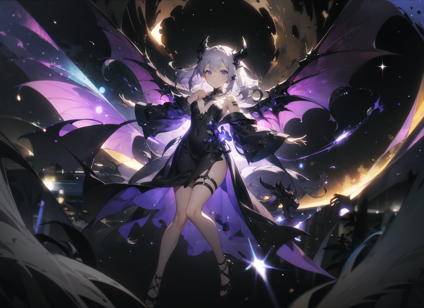 (masterpiece, best quality,top quality),(full body),Dynamic angle,solo,1girl,looking at viewer,hair ornament,dragon_horns,demon_wings,silver hair,black long dress,bandaid_on_leg,),black magic,purple theme,(universe in background:1.2),star_(sky),hyper_galaxy,depth_of_field,planet in background,particle effects,