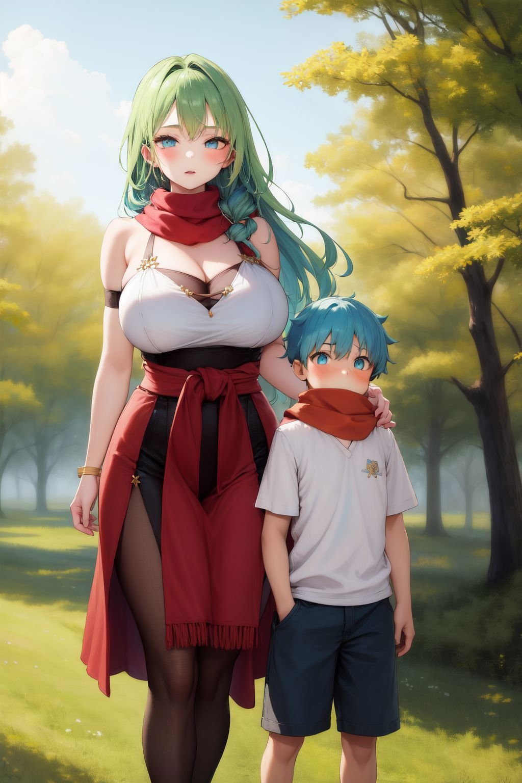 <lora:bigsislitbro_cpt_v01.10.10.02:1>, bigsislitbro, girl and boy, 1girl, long hair, green hair, breasts, shoulder sash, 1boy, shot hair, scarf, light blue hair, size difference, outdoors