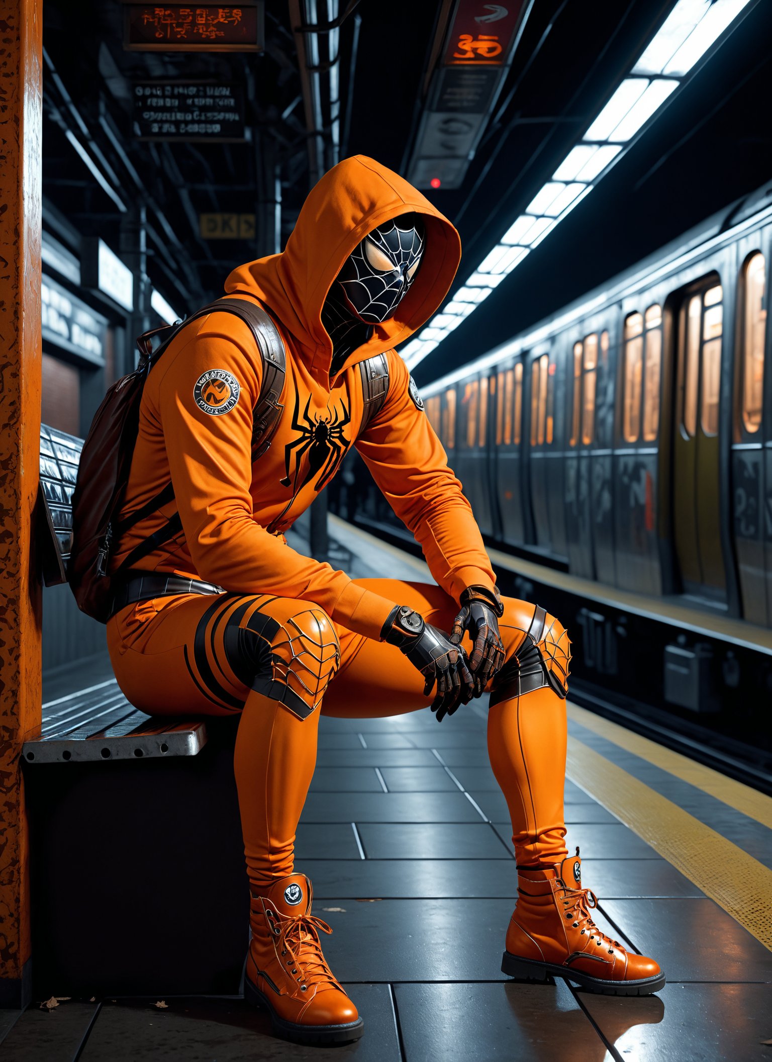 photorealistic Masterpiece, 8K photo, Cinematic quality, (Man in Pumpkin Spice Orange rmspdvrs:1.2), spider logo, armored clothes, (Reflective surfaces:1.2), Steel embellishments, Sitting on a Stool, Legs Crossed, (Moonlit Abandoned Subway Station Platform:1.3), Captured with ultra-high-definition camera, Best detailed resolution, Realistic depth <lora:Armor from HaDeS XL v3.4 Lite:1> <lora:Image Enhancer XL Extreme v1:0.2> . highly detailed, lifelike, precise, accurate