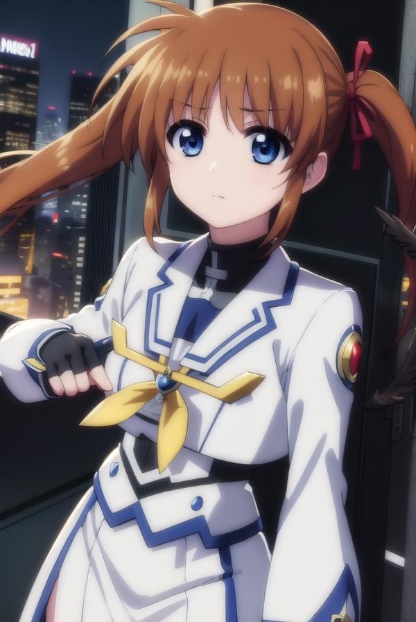 nanohatakamachi, <lora:nanoha takamachi movie2-lora-nochekaiser:1>,nanoha takamachi, takamachi nanoha, brown hair, twintails, blue eyes,BREAK gloves, long sleeves, wings, fingerless gloves, magical girl, winged footwear,BREAK outdoors, city, night, starry sky,BREAK looking at viewer, (cowboy shot:1.5),BREAK <lyco:GoodHands-beta2:1>, (masterpiece:1.2), best quality, high resolution, unity 8k wallpaper, (illustration:0.8), (beautiful detailed eyes:1.6), extremely detailed face, perfect lighting, extremely detailed CG, (perfect hands, perfect anatomy),