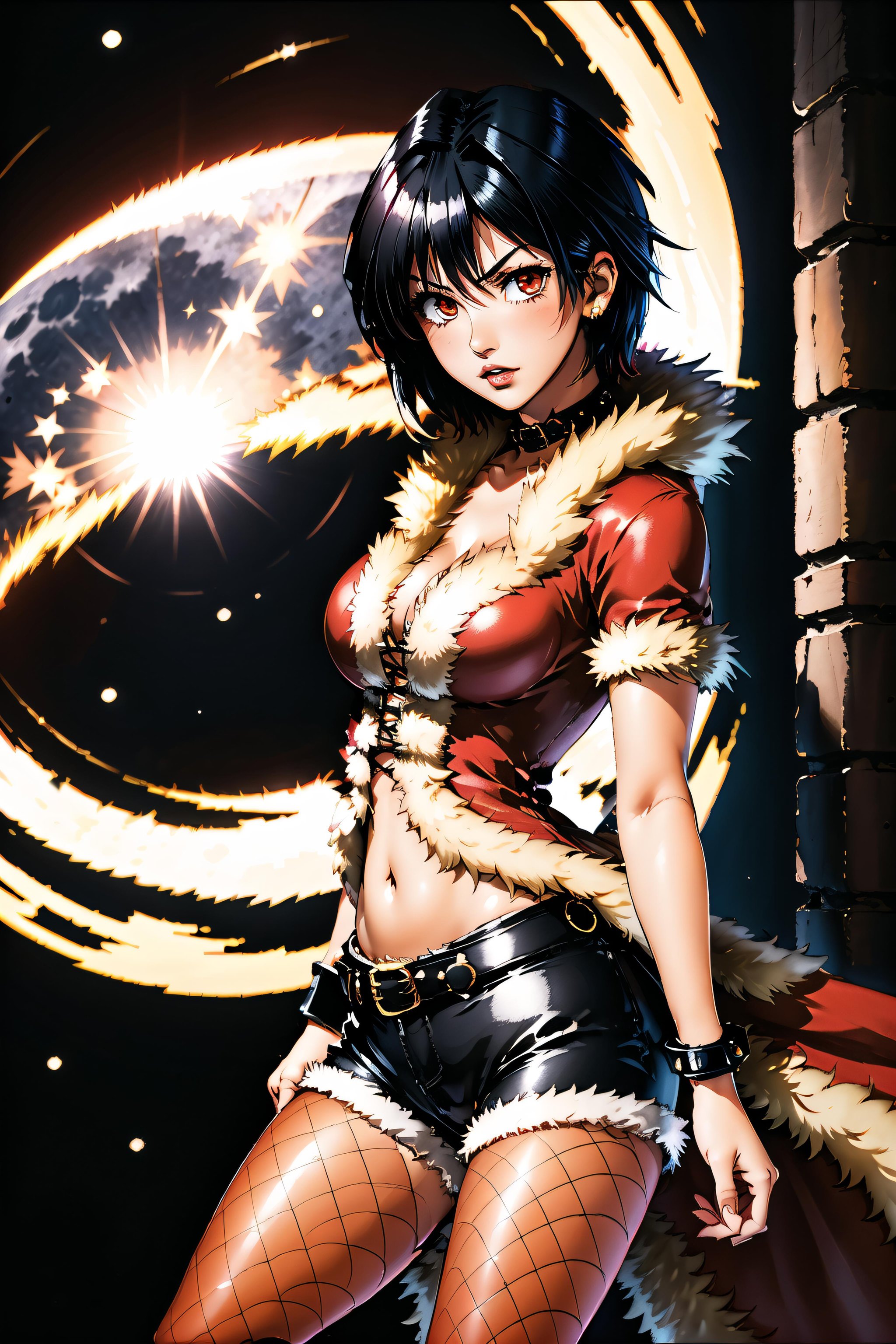 <lora:rogueRoV1.7-000005:0.95>, rogueRO, fishnet legwear, red fur coat, shoes, midriff, collar, black shorts, bangle, armlet, navel, short hair, black hair, red eye, 1girl,serious, lipstick,  parted lips, very angry,looking at viewer, standing,((upper body)),midnight, moon, starry sky, alleyway, brick floor, (dark atmosphere:1.4),