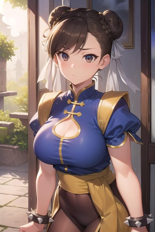 chunli, <lora:chun li v2-lora-nochekaiser:1>,chun li, (brown eyes:1.7), brown hair, (bun cover:1.5), double bun, eyeliner, hair bun, lipstick, makeup, pink lips,BREAK blue dress, boots, bracelet, brown pantyhose, china dress, chinese clothes, cross-laced footwear, dress, gold trim, jewelry, pantyhose, pelvic curtain, puffy sleeves, sash, short sleeves, side slit, spiked bracelet, spikes, white footwear,BREAK outdoors,BREAK looking at viewer, full body,BREAK <lyco:GoodHands-beta2:1>, (masterpiece:1.2), best quality, high resolution, unity 8k wallpaper, (illustration:0.8), (beautiful detailed eyes:1.6), extremely detailed face, perfect lighting, extremely detailed CG, (perfect hands, perfect anatomy),