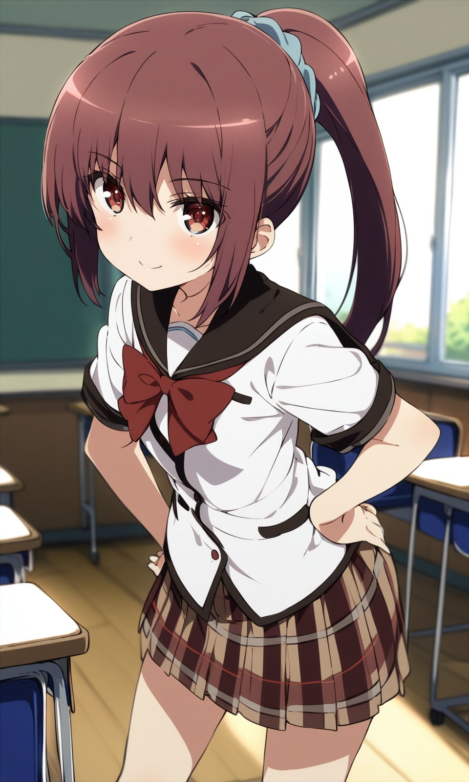 masterpiece, best quality, by ogipote, BREAKsolo, 1girl, suzukiikumi, brown eyes, brown hair, small breasts, ponytail, school uniform, red bow, plaid skirt, standing, looking at viewer, smile, hand on own hip, indoors, classroom, <lora:SuzukiIkumi_XL:1>