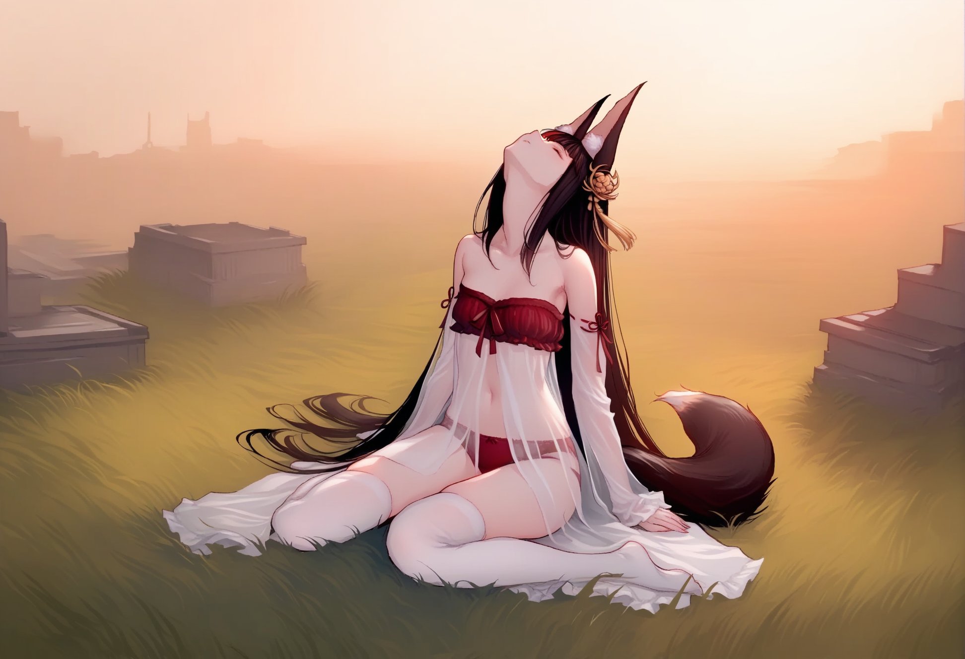 by nihei tsutomu, by nat the lich, masterpiece, best quality,1girl, nagato \(azur lane\), fox girl, fox ears, fox tail, black hair, hair ornament, nagato \(great fox's respite\) \(azur lane\), closed eyes, frilled transparent camisole, red panties and bra, white thighhighs, ribbon trim, wariza, (head back:0.8), full body, wide shot,outdoors, sitting in high grass, yellow grass, late autumn, endless steppe, horizon line, endless steppe, ruins far away, depressive atmosphere, dimmed colors