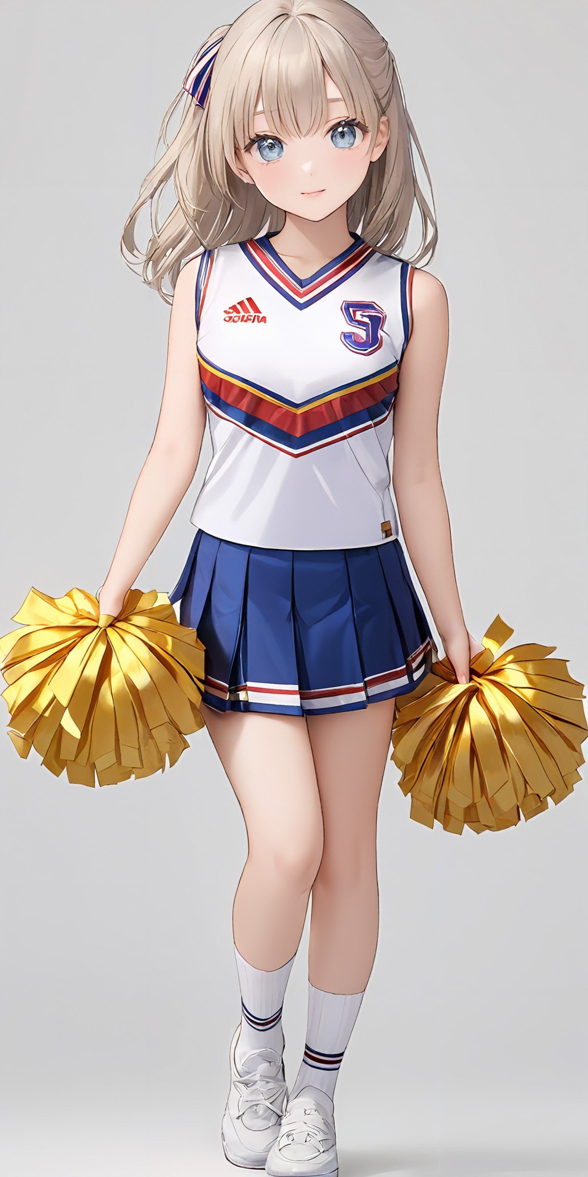 masterpiece,ultra-detailed,best quality,cute face,clean skin ,shiny hair,girl,ultra-detailed-eyes,simple background,  <lora:cheerleader_XL_V1.0:0.6>jyojifuku, cheerleader, pom pom \(cheerleading\),socks ,shoes