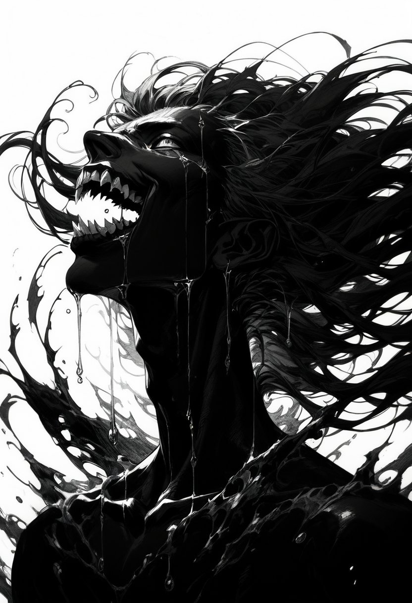 (score_9, score_8_up), score_7_up, zPDXL, looking at viewer, smile, open mouth, simple background, 1boy, white background, monochrome, upper body, greyscale, male focus, floating hair, sharp teeth, dripping, silhouette, black skin,  limited palette  <lora:GRIM_v1:1>