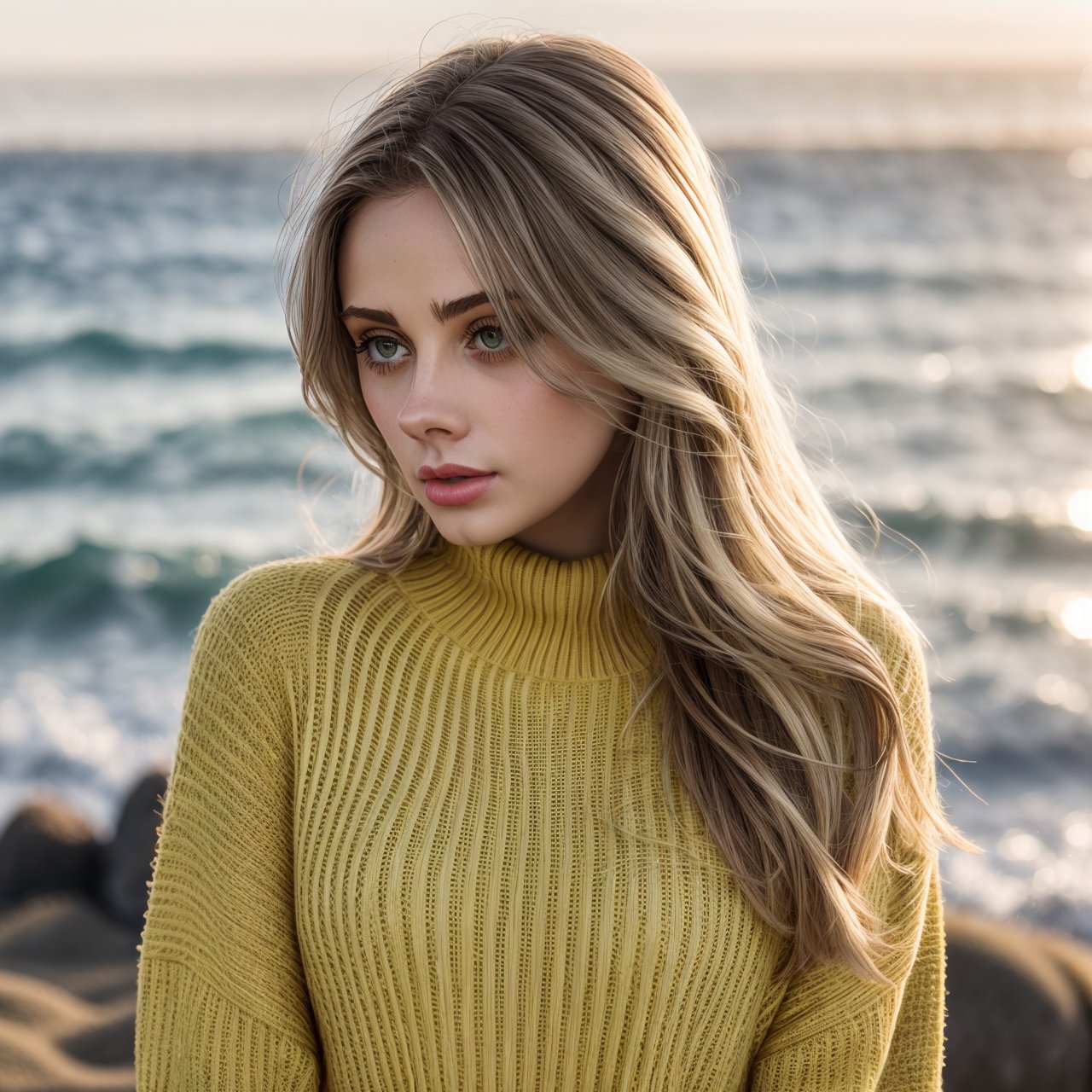 best quality, extra resolution, wallpaper, HD quality, HD, HQ, 4K view from above of stunning (AIDA_LoRA_InWo2023:1.03) <lora:AIDA_LoRA_InWo2023:0.9> in (simple yellow sweater:1.1), [stunning girl], skin with visible pores, pretty face, flirting, cinematic, insane level of details, intricate pattern, kkw-ph1, (colorful:1.1), (on the seashore:1.1), sea, sand, sky, (on the beach:1.1), sunlight, outdoors