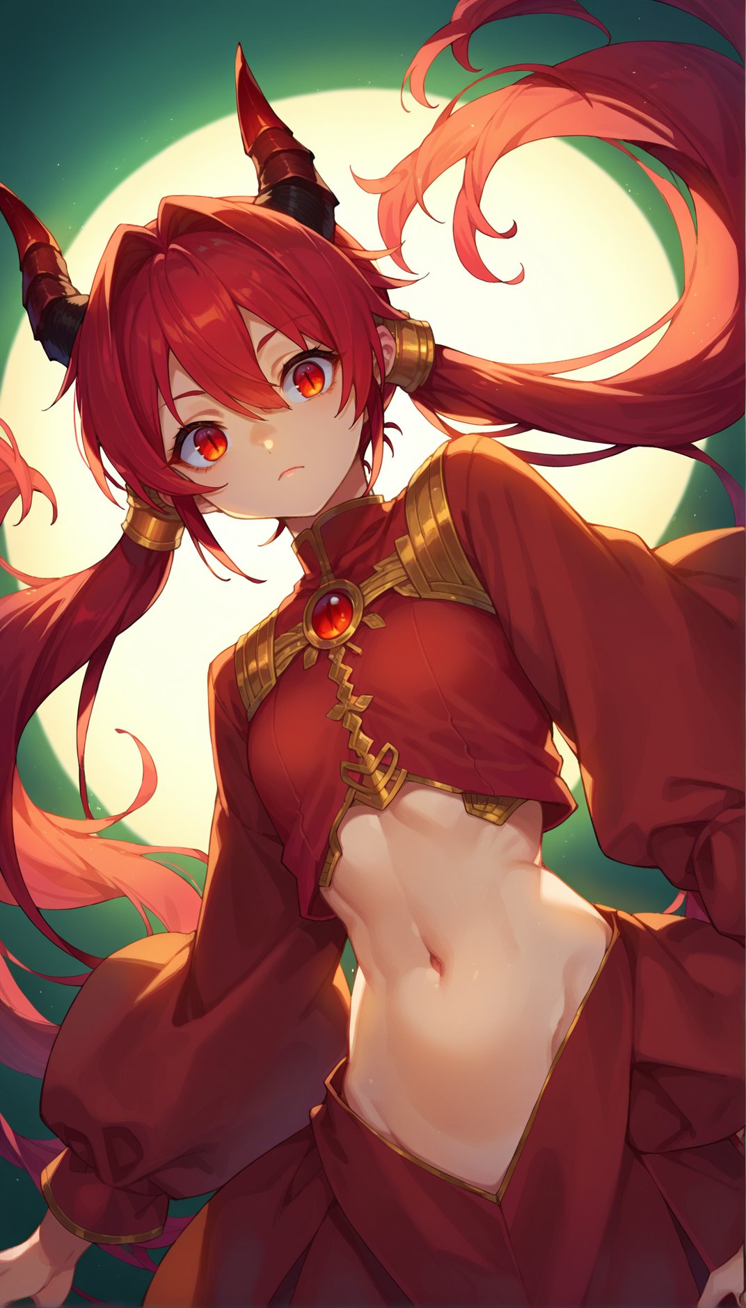 score_9, score_8_up, score_7_up, score_6_up, score_5_up, score_4_up, source anime, dragon girl, long hair, red twintails, cinematic lighting, red eyes, from above, upper body, dutch angle, navel