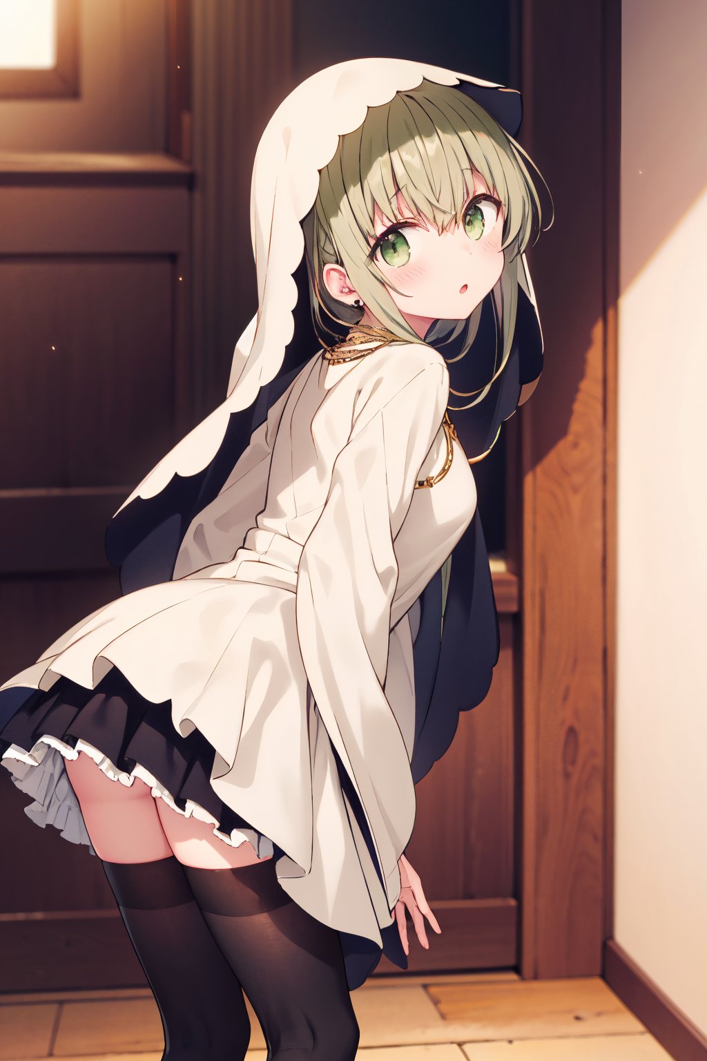 1girl, cecilia \(shiro seijo to kuro bokushi\), official art, solo, thighhighs, green eyes, black legwear, arms behind back, eyebrows visible through hair, blush, looking at viewer, long sleeves, green hair, black dress, blurry background, parted lips, hair between eyes, leaning forward, depth of field, jewelry, standing, window, very long hair, own hands together, veil, zettai ryouiki, looking back, :o, feet out of frame, indoors, frills, frilled dress, short dress, bent over, wide sleeves, hood up, blonde hair, sleeves past wrists, necklace, looking to the side, from side, layered dress, from behind, open mouth, sidelocks, white jacket, earrings, light particles, bound, white dress, own hands clasped, layered skirt, open clothes, pleated dress, black skirt<lora:cecilia_shiro_seijo_locon_v1:0.9>