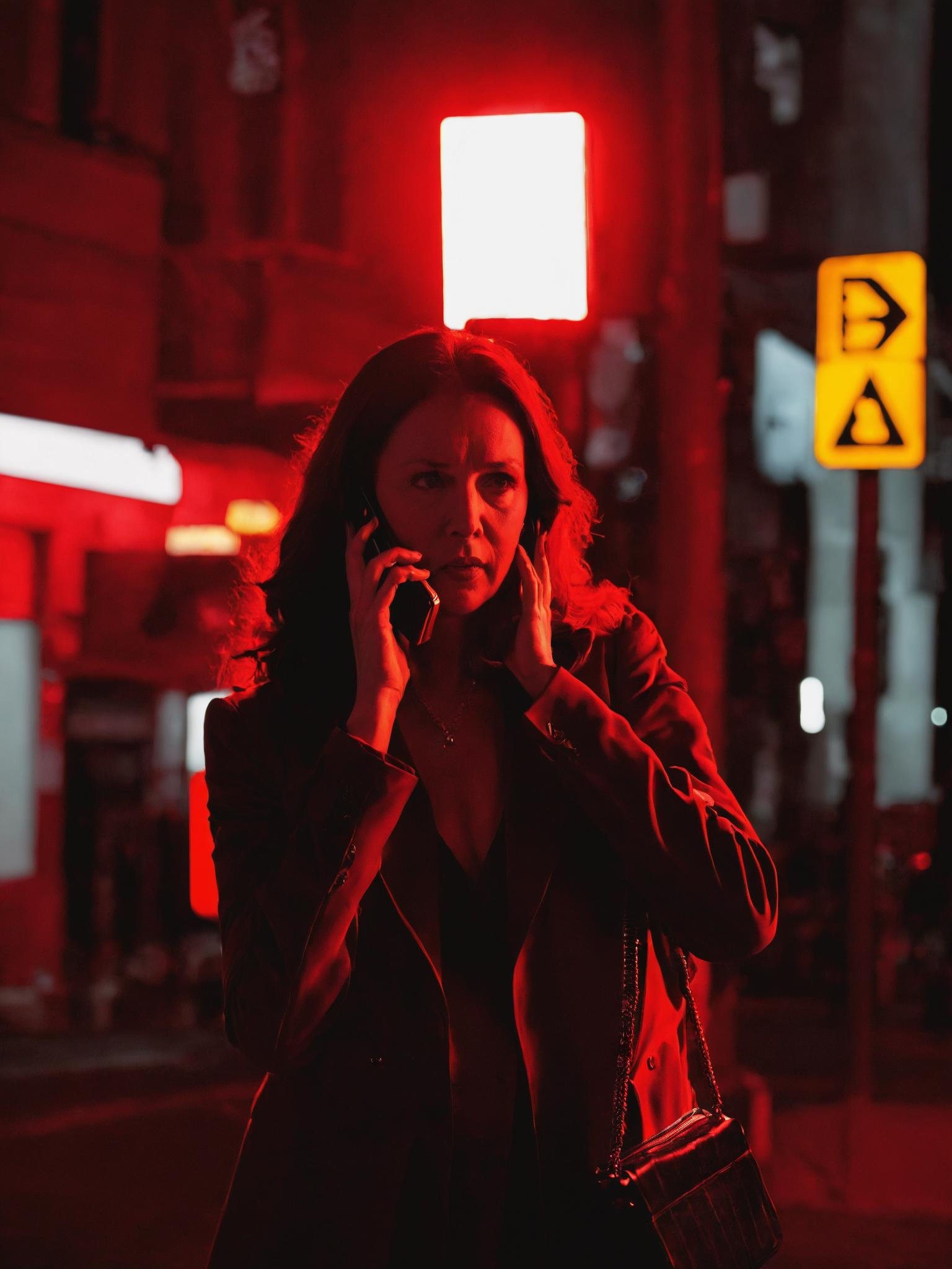 a woman in a red light talking on a cell phone , <lora:Movie_aesthetic_XL:1>