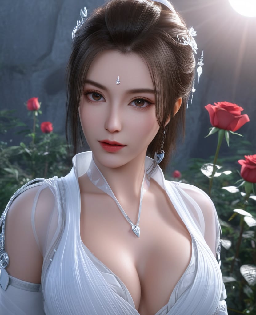 <lora:612-DA-XL-少年白马醉春风-玥瑶:0.8>(,1girl, ,best quality, ),looking at viewer,masterpiece, (( , )),, realistic,science fiction,mole, ultra realistic 8k cg, sun ,  rose,(cleavage), (),