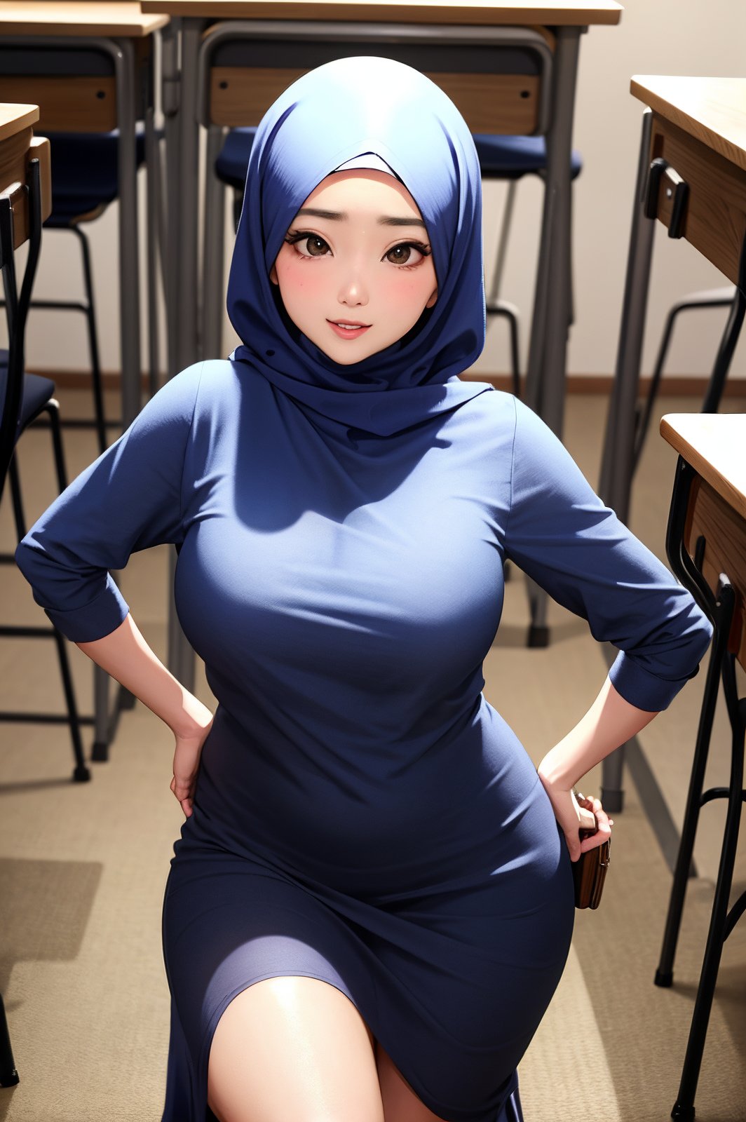 1girl, hijab, hijabergo, closeup,  in classroom, big ass, natural breast, beautiful face,  <lora:hijabergo:1>