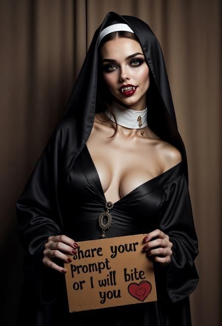 raw photo, realistic, photography, masterpiece, best quality, beautiful woman, gorgeous super model, sexy vampire nun, bared fangs, large breasts, cleavage, holding a sign "share your prompt or I will bite you"<lora:FluxF4ngs:1>