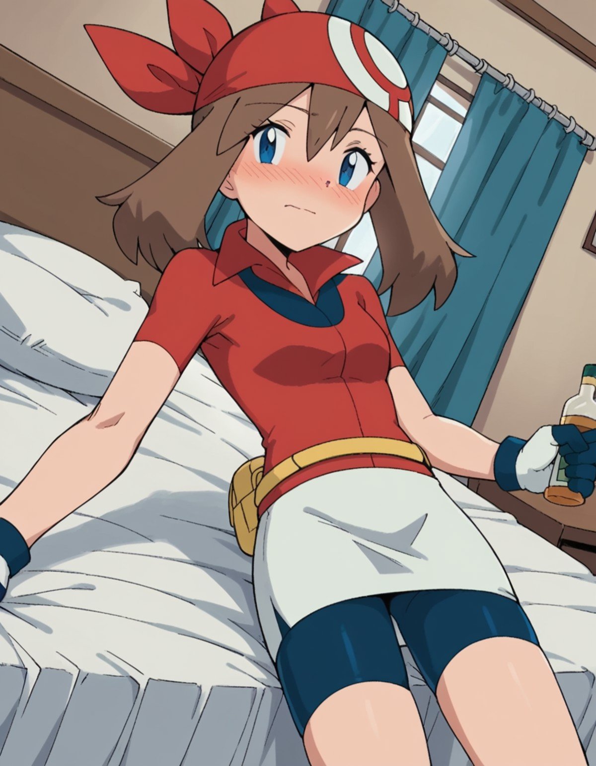 score_9, score_8_up, score_7_up, source_anime, <lora:pokemon-may-anime-ponyxl-lora-nochekaiser:1>, pokemonmay, blue eyes, brown hair, bandana, long hair, red bandana, twintails, hair between eyes,, bike shorts, collared shirt, gloves, microskirt, multicolored shirt, pencil skirt, red shirt, shirt, short sleeves, skirt, white skirt,, indoors, bed, bed room, on side, blush, drunk, looking at viewer, solo, cowboy shot, dutch angle