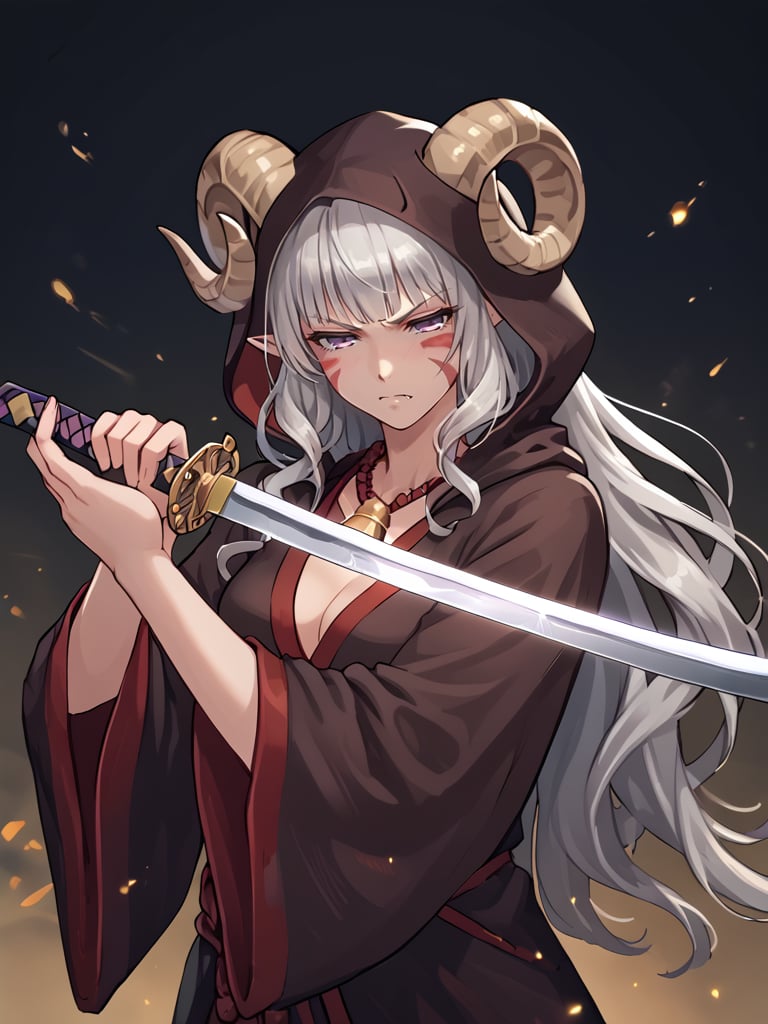 <lora:pointing_katana:0.8> katana, holding katana,  source_furry, score_7_up, rating_safe, cowboy shot, gold necklace, tiefing, short pointed ears, brown horns, (a pair of brown sheep Horns that begin at her temples and curve back: 1.5), bangs, long silver hair long wavy hair, pale skin, <lora:whisker_markings:0.8>red whisker_markings ,short pointy ears, purple eyes, <lora:age_slider_v4:0.6>   medium breasts, skinny female,  silver hair, <lora:Tieflingnew weird fantasyDND:0.3> Tiefling, pointed ears, horns, half-closed eyes<lora:Smooth Style 2 SDXL_LoRA_Pony Diffusion V6 XL:0.5> bell, robe, hood off, fang , angry:0.7, <lora:high_guard_sword_parry_stance:0.4> high guard sword parry stance