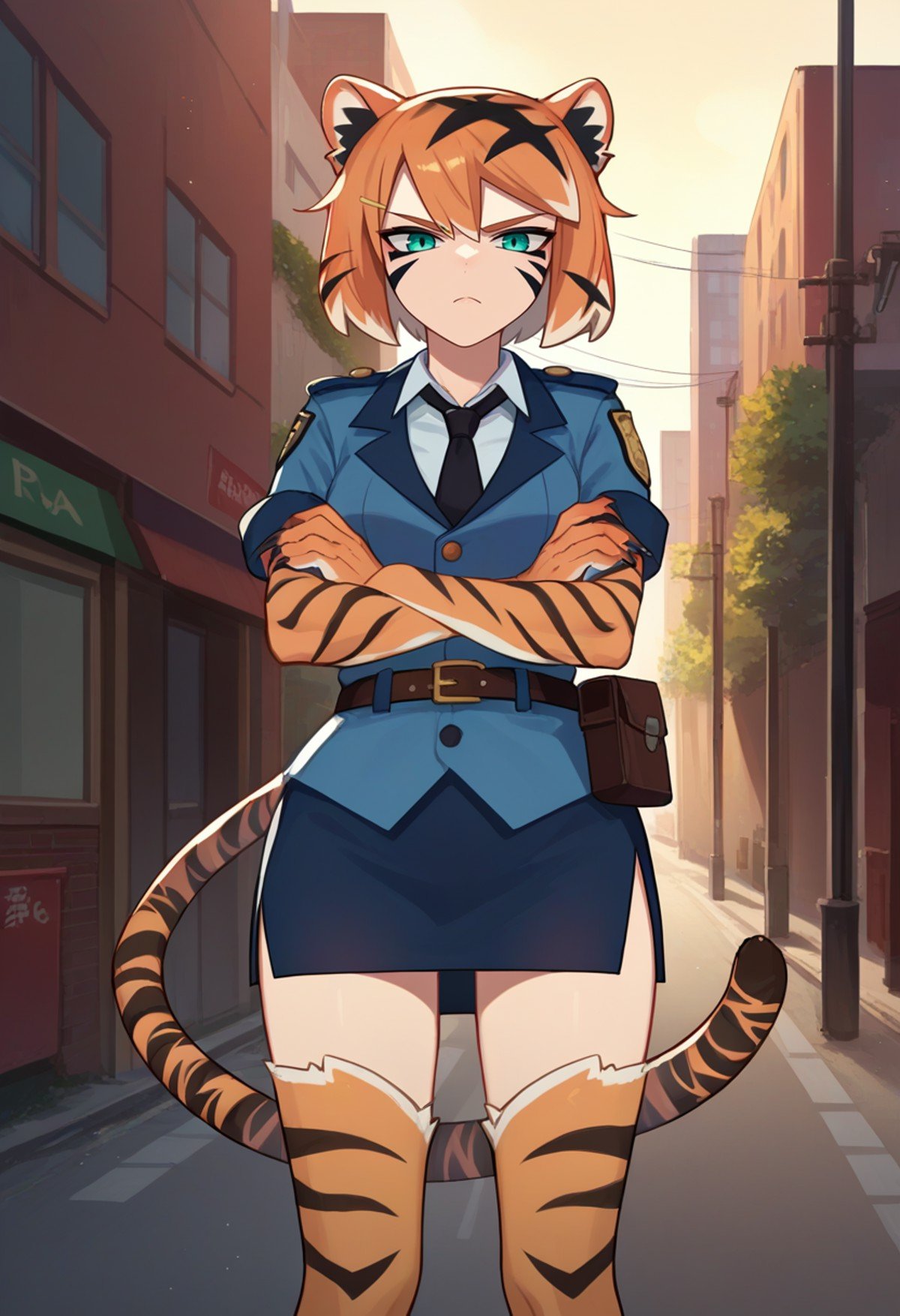 score_9, score_8_up, score_7_up, source_anime, solo, 1girl, valerie, tiger girl, orange fur, tiger stripes, facial mark, animal hands, claws, serious, looking at viewer, standing, crossed arms, animal ears, police uniform, blue jacket, short sleeves, black necktie, blue skirt, pencil skirt, side slit, belt, thighhighs, animal print, tiger tail, outdoors, city street <lora:orcmassage_valerie_ponyXL:1>