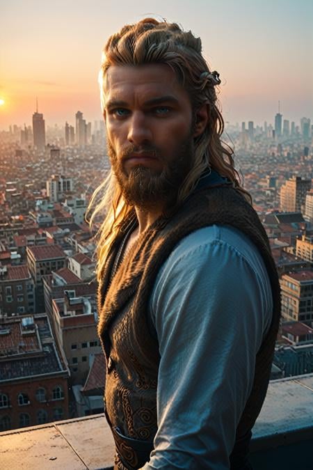 score_9, score_8_up, score_7_up, score_6_up<lora:ACMEivor:1.0>ACMEivor, 1boy, blonde hair, long hair, blue eyes, beard, looking at viewer, in a tailored suit, standing on a rooftop overlooking a city skyline at sunset, golden hour, wind blowing through his hair, dramatic shadows