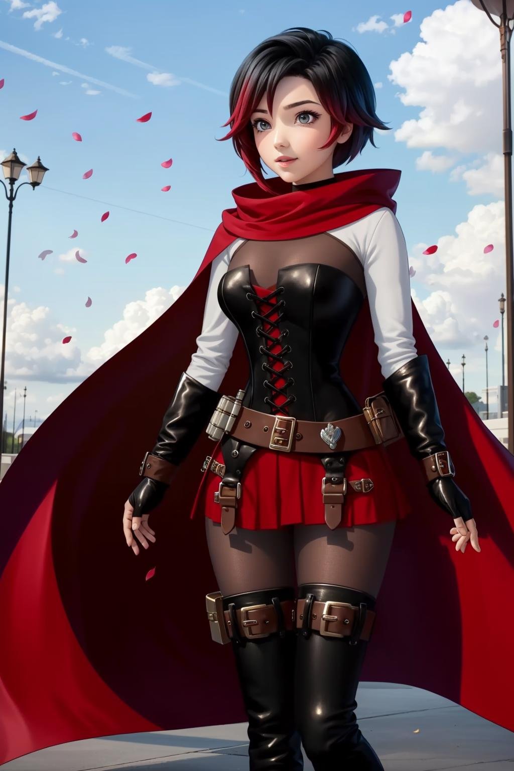 <lora:RubyAtlas-05:1> 1girl,atlasrose, black hair, gradient hair, grey eyes, red cape, white shirt, pantyhose, belt, red skirt, corset, thigh boots, fingerless gloves,masterpiece,best quality,extremely detailed, rose petals, wind