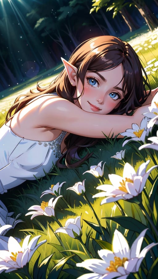 masterpiece, best quality, elf adventurer lying down in a field of white flowers, foliage dress, barefoot, looking at viewer, smug, smirk, blushing, (ultra-detailed body), dutch angle, cinematic, volumetric lighting, sunbeam, soft lighting, mystical, magical, rim lighting, fantasy, sparkle, glittering