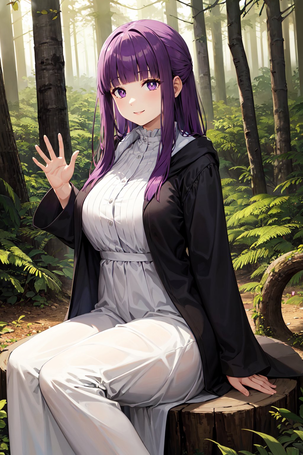 masterpiece, best quality, highres, aafern, long hair, purple hair, blunt bangs, purple eyes, large breasts, long dress, white dress, black robe, long sleeves, <lora:fern_(sousou_no_frieren)_v1:0.7>, sitting, smile, tree stump, waving, forest,