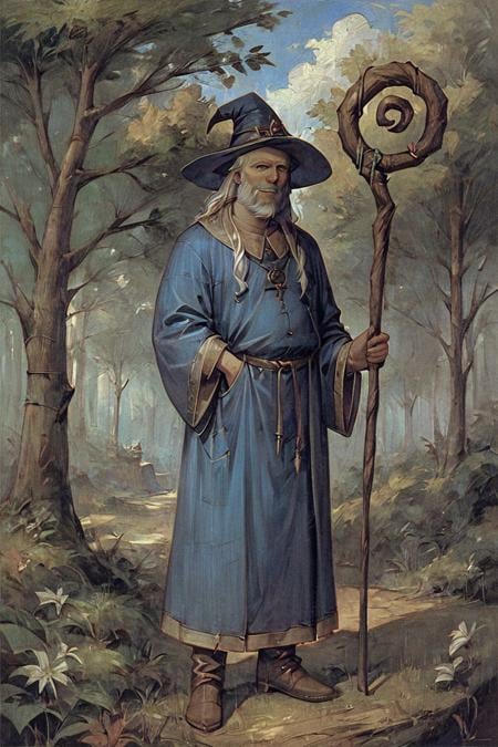 score_9, score_8_up, score_7_up, wizard, old, 1boy, old man, male focus, hat, beard, solo, staff, witch hat, facial hair, forest, nature, robe, long hair, looking at viewer, tree, holding, white hair, outdoors, holding staff, boots <lora:Gothic Art 2 Style SDXL_LoRA_Pony Diffusion V6 XL:1>