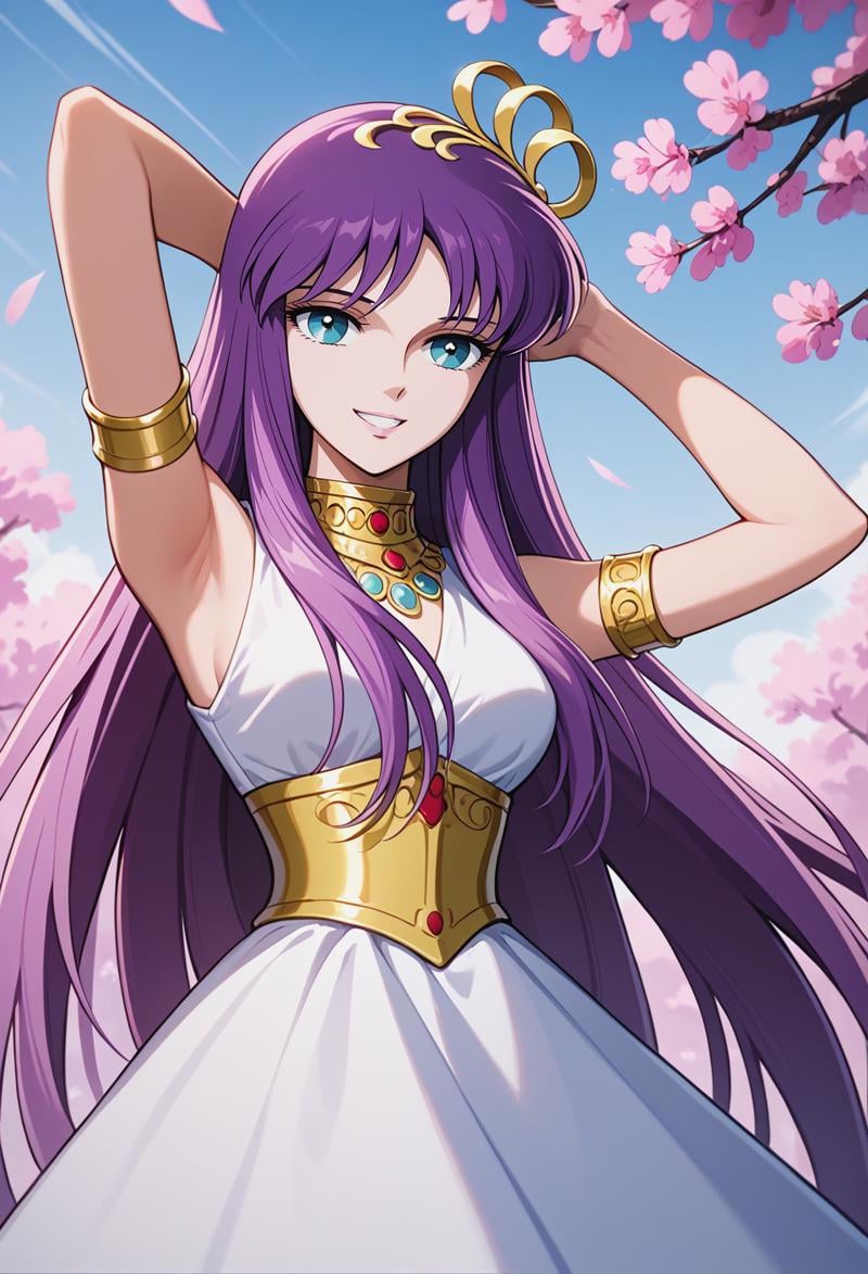 score_9, score_8_up, score_7_up, best quality, intricate details, source anime BREAK masterpiece,<lora:SaoriKido_Pony_v08:1> athenakido, purple hair, aqua eyes,  sleeveless dress, athena_accessories, armlet,smile, headshot, Placing hands behind head,serene courtyard with cherry blossom trees in bloom, 