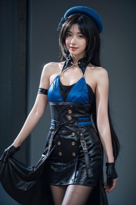 realistic, photorealistic, cowboy shot, 1girl, solo, smile, looking at viewer, standing, yangyang cosplay costume, yangyang, cosplay, black hair, long hair, multicolored hair, white hair, dress, hat, bare shoulders, detached collar, single glove, arm strap, gloves, pantyhose, black pantyhose, <lora:WutheringWaves_Yangyang_cosplay_costume_v1:0.7>