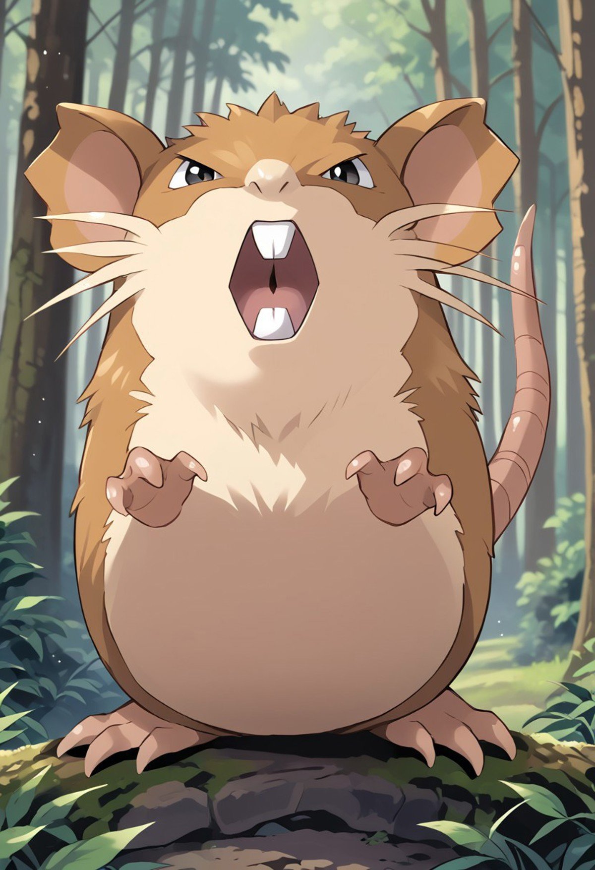 (source_anime, score_9, score_8_up, score_7_up:1), solo male, raticate, feral, looking at viewer, outdoors, forest