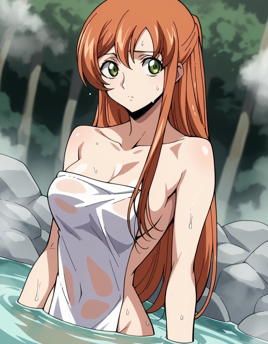 score_9, score_8_up, score_7_up, source_anime,shirleyfenette, <lora:shirley-fenette-s1-ponyxl-lora-nochekaiser:1>,shirley fenette, orange hair, green eyes, half updo, long hair,nude, naked, outdoors, onsen, towel, naked towel, steam, bathing, nude cover, partially submerged, water, bath, steam censor, wet towel,looking at viewer, dutch angle, cowboy shot, solo,